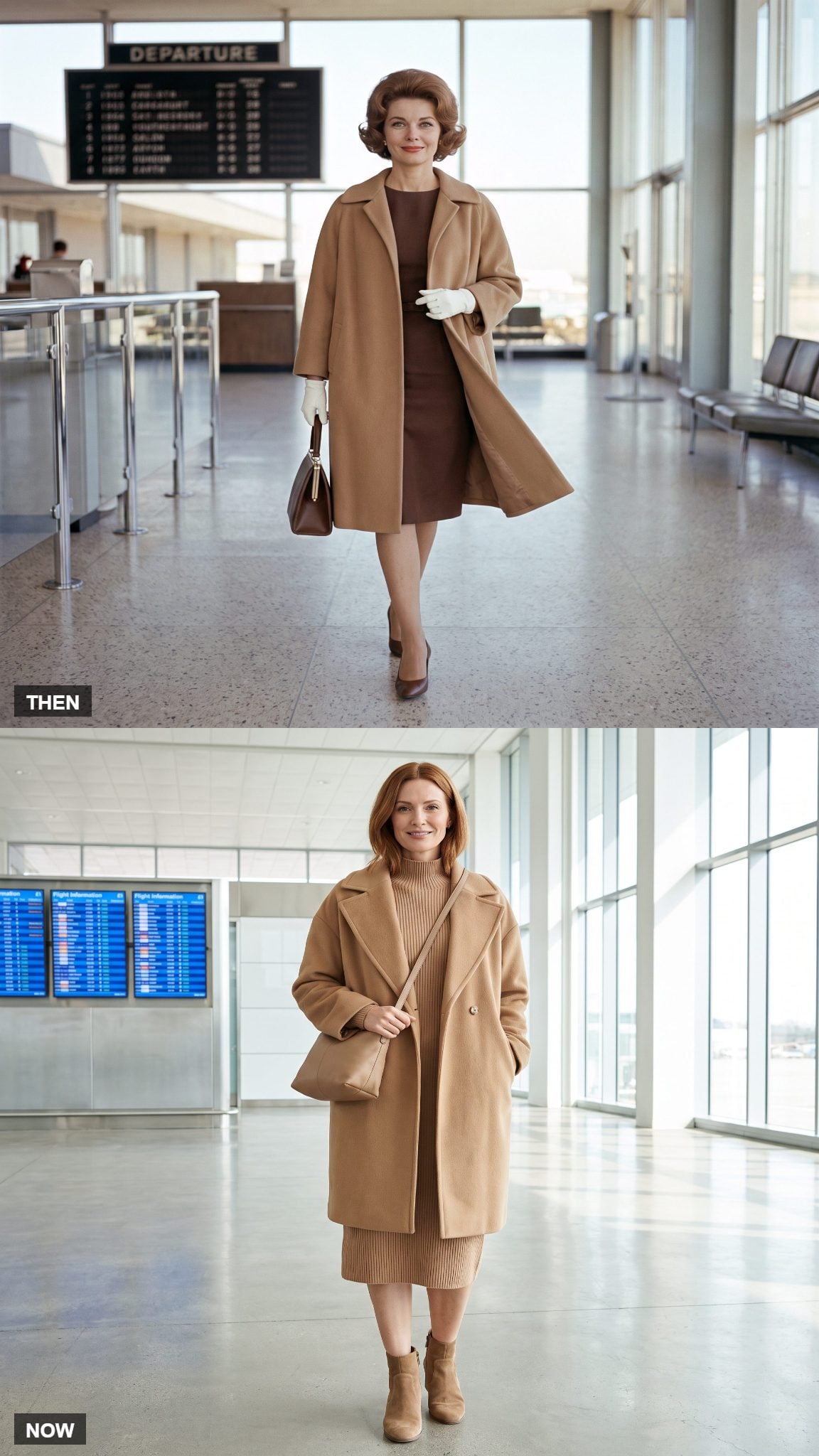 Vintage camel swing coat compared with a modern camel cocoon coat