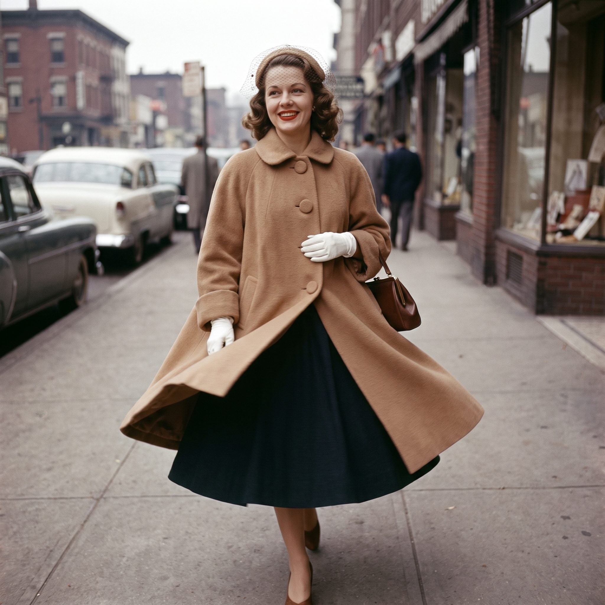 1950s swing coat with flared silhouette and generous hem