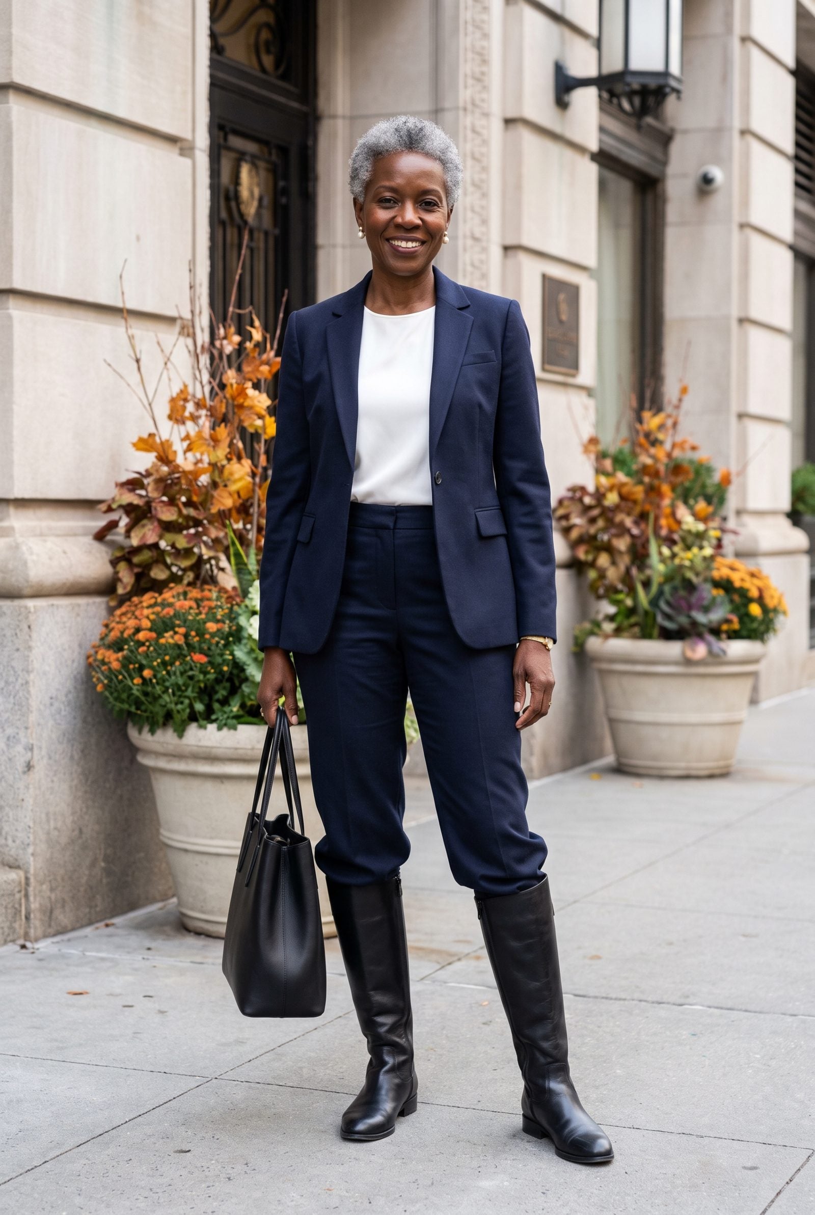 Woman in a tailored navy trouser suit with the trousers tucked into knee-high boots and bunching above the shaft.