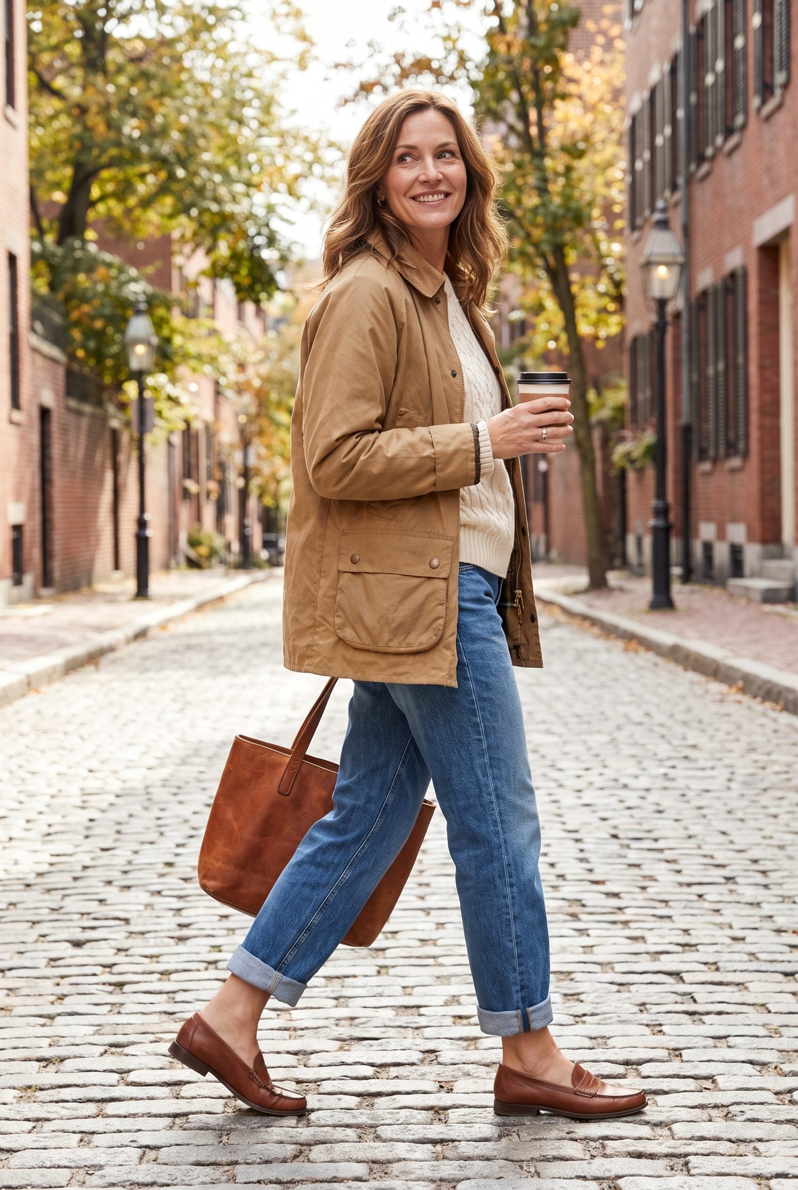 Tan Barn Jacket With Cuffed Boyfriend Jeans
