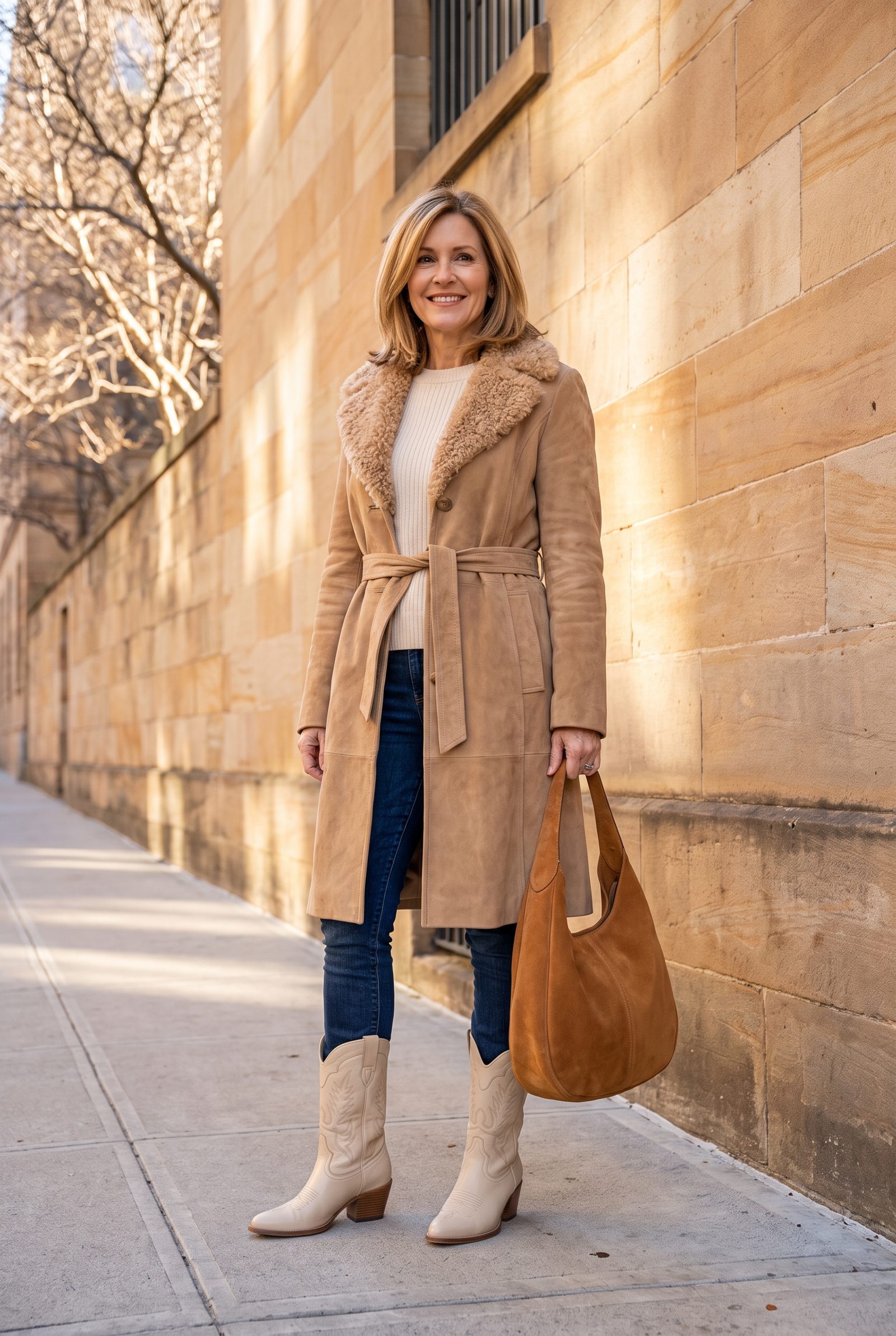 Tan Suede Coat + Cream Western Boots