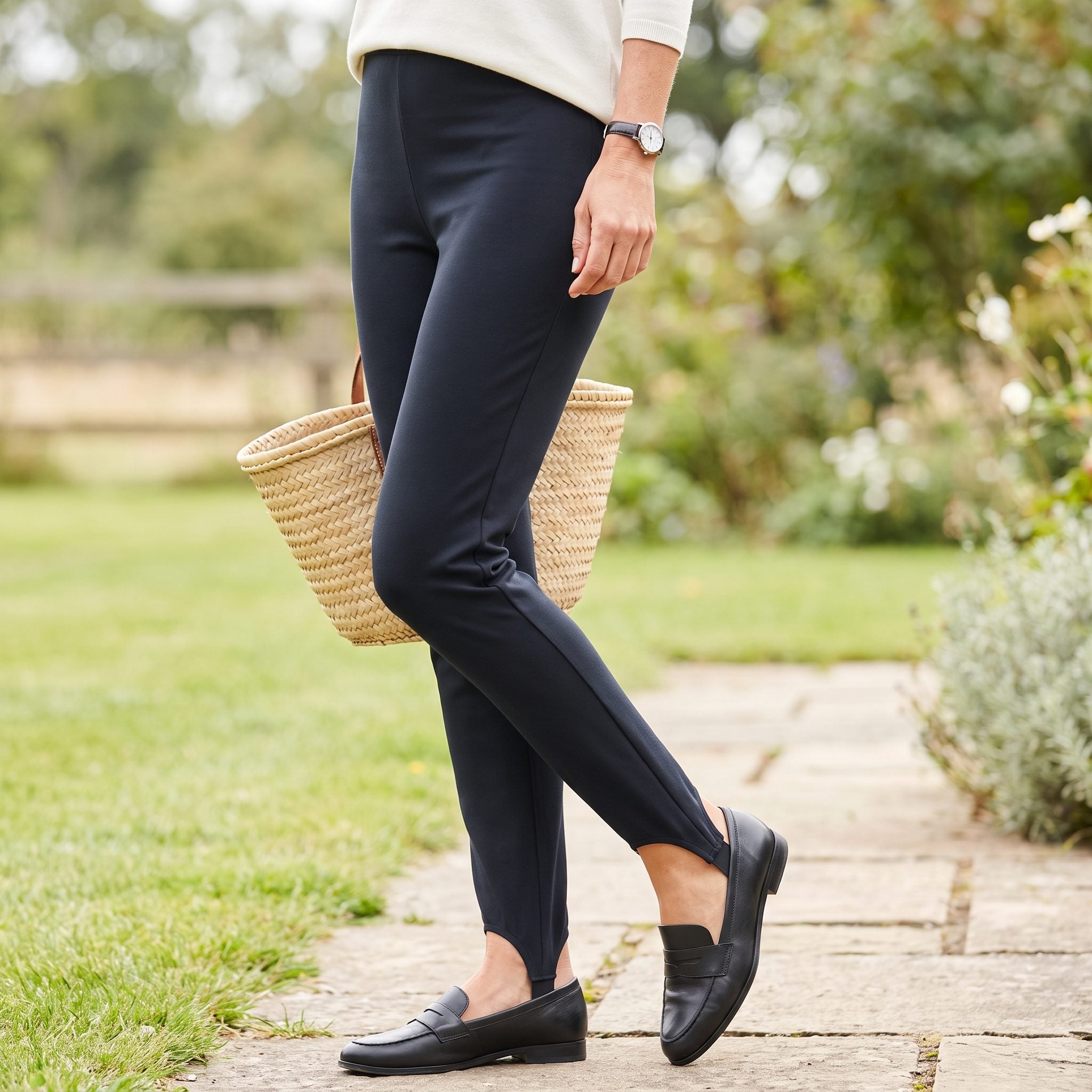 Tapered Stirrup Pants Pulled Snug Under the Heel