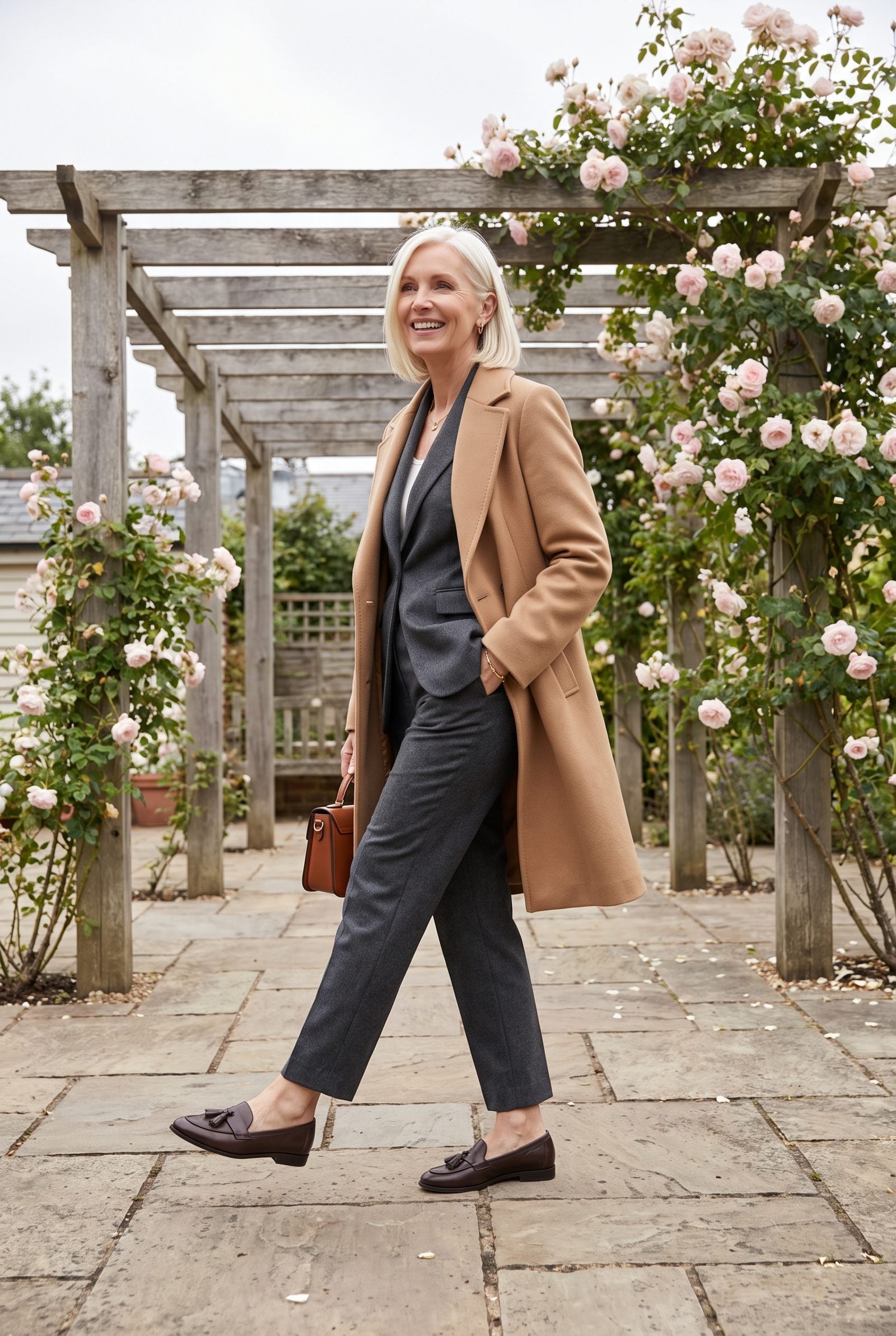 Tassel Loafers Under a Camel Car Coat and Charcoal Ankle Trousers