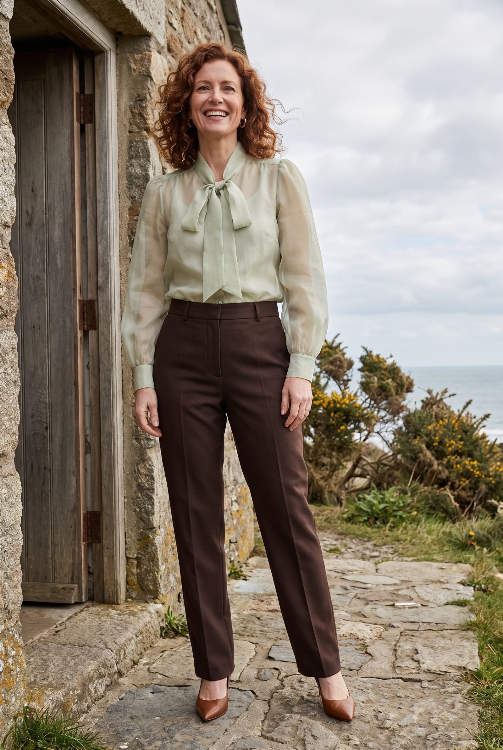 Tea-Green Organza Blouse With Espresso Trousers