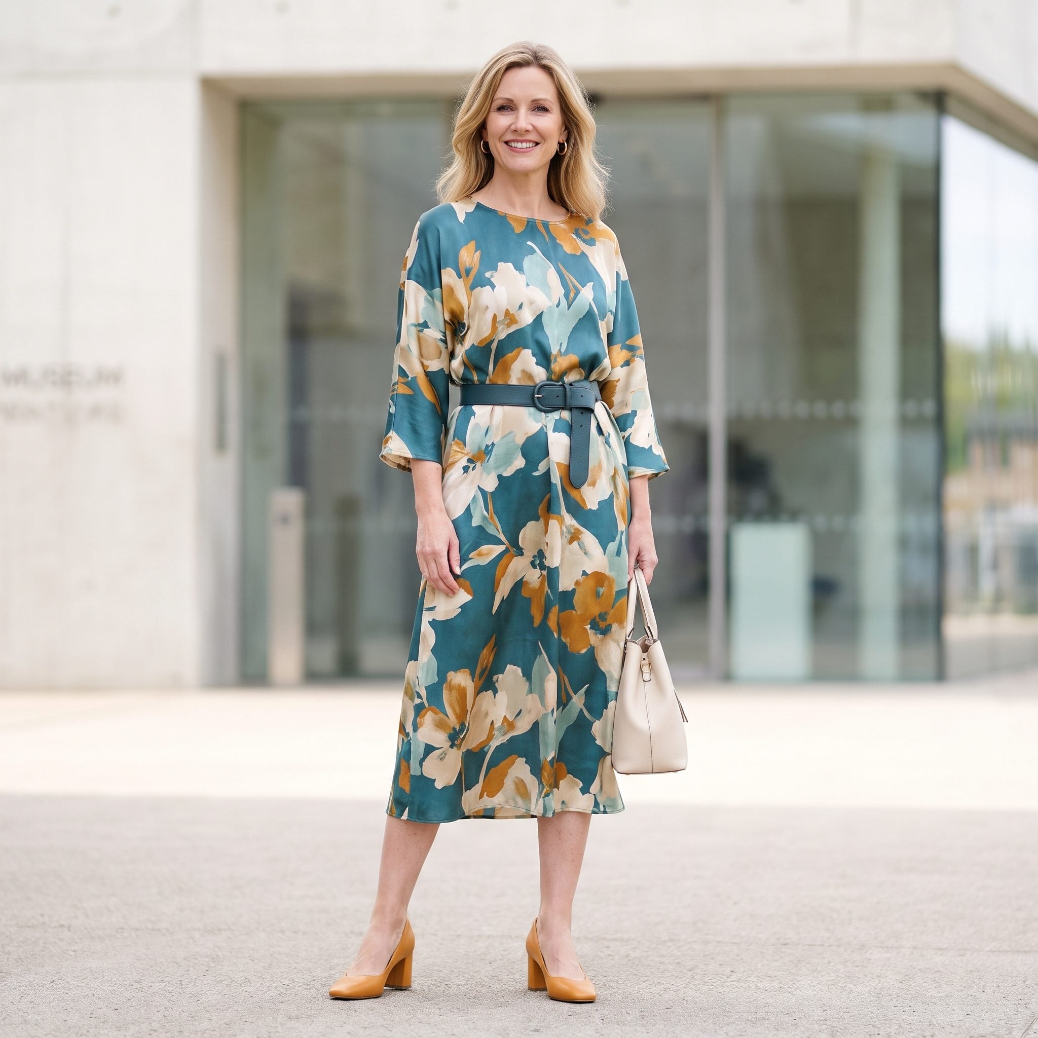 Abstract printed silk dress with a dark-teal belt at the natural waist
