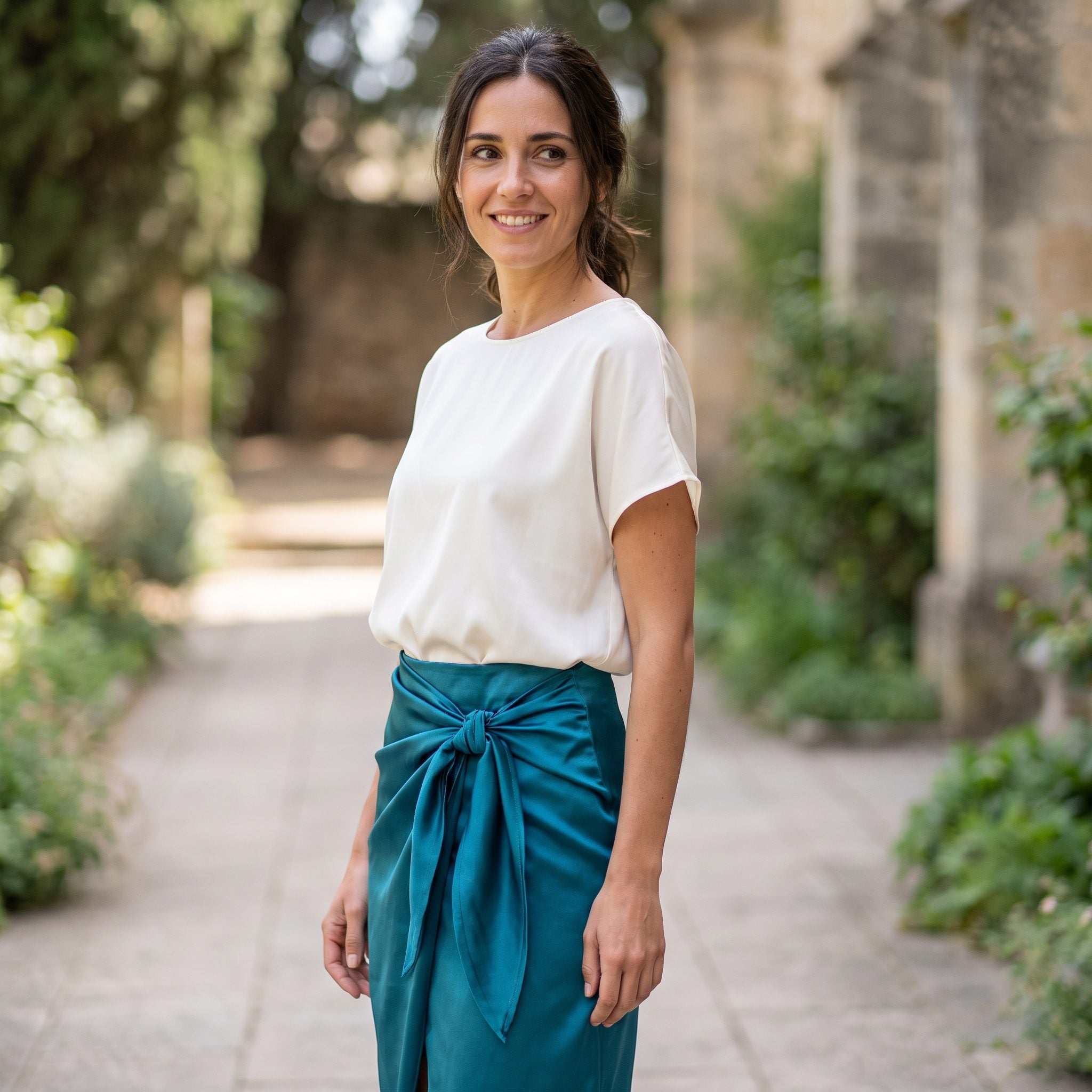 Teal satin sarong-style evening skirt with an ivory boat-neck top