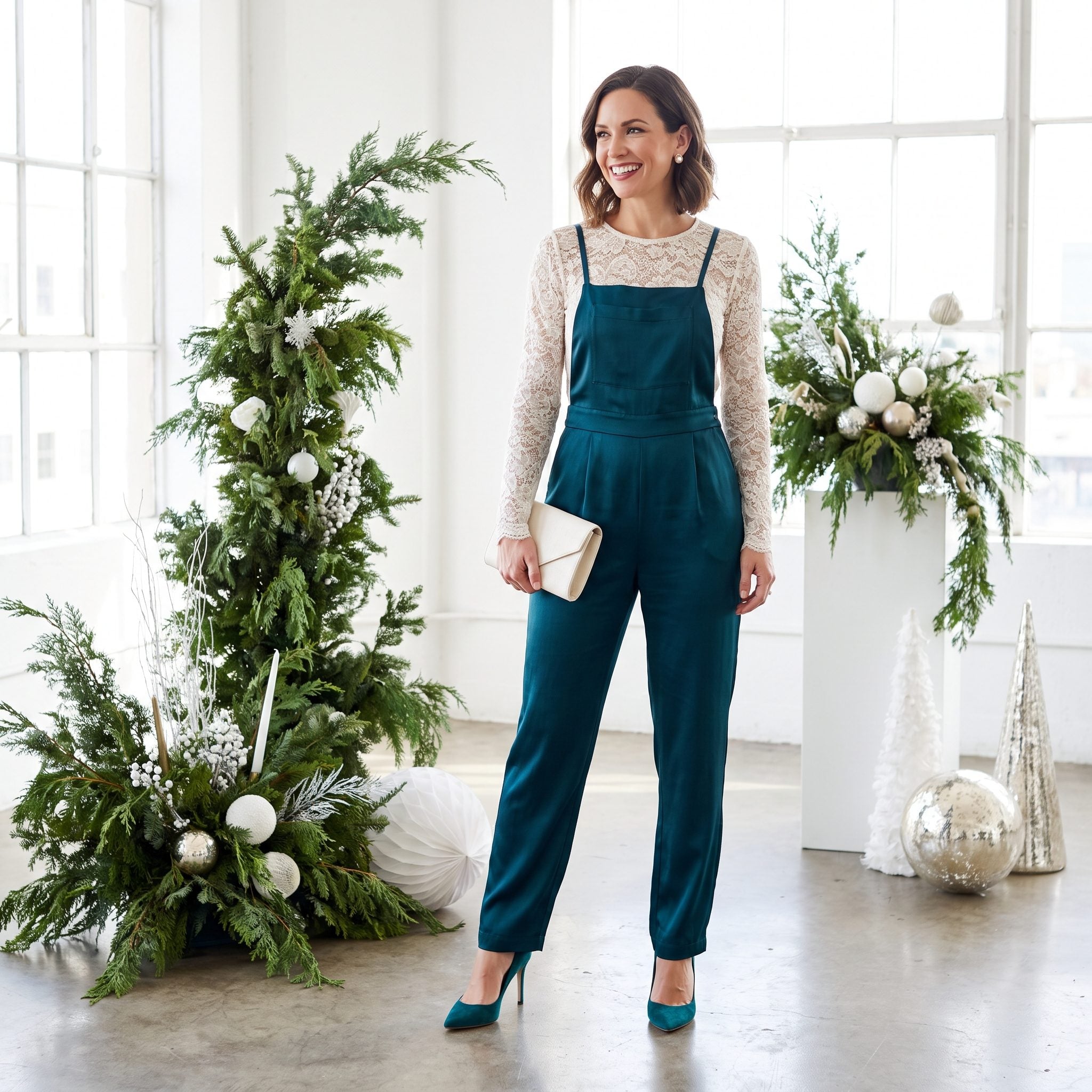 Teal Silk Evening Overalls With an Ivory Lace Top