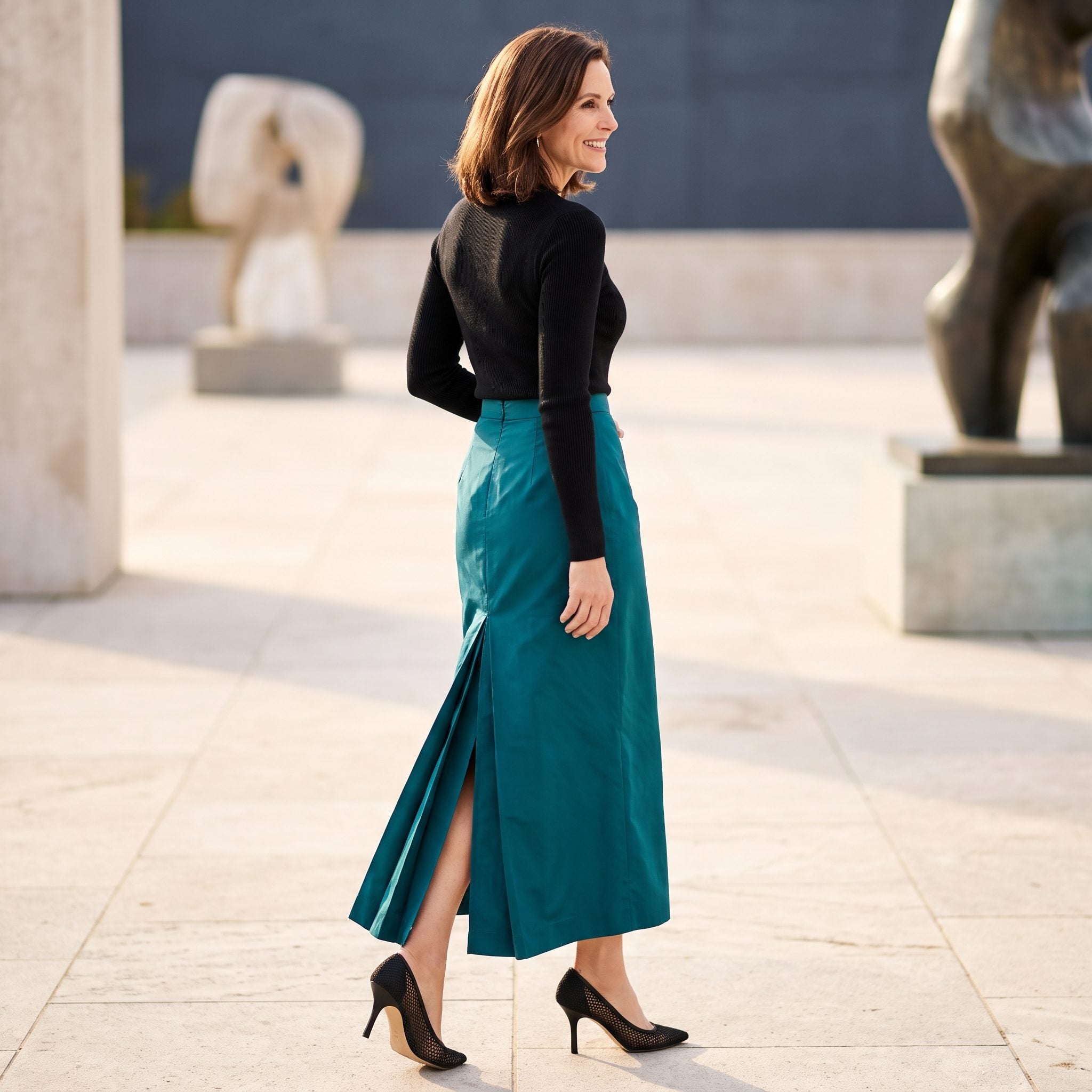 Teal Taffeta Fishtail Skirt with a Black Knit