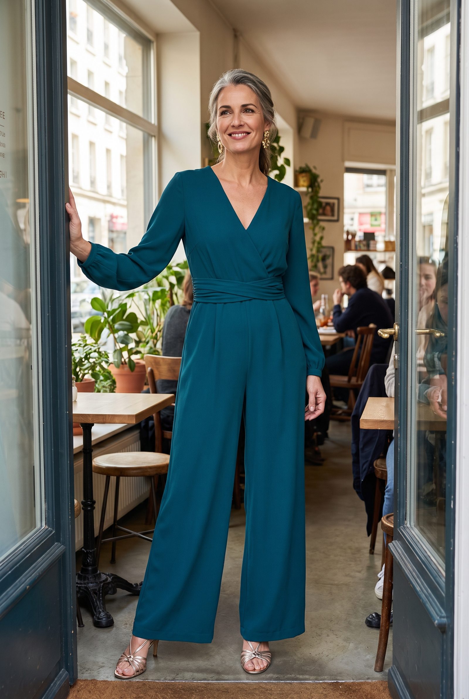 Teal Wide-Leg Jumpsuit With a Defined Waist
