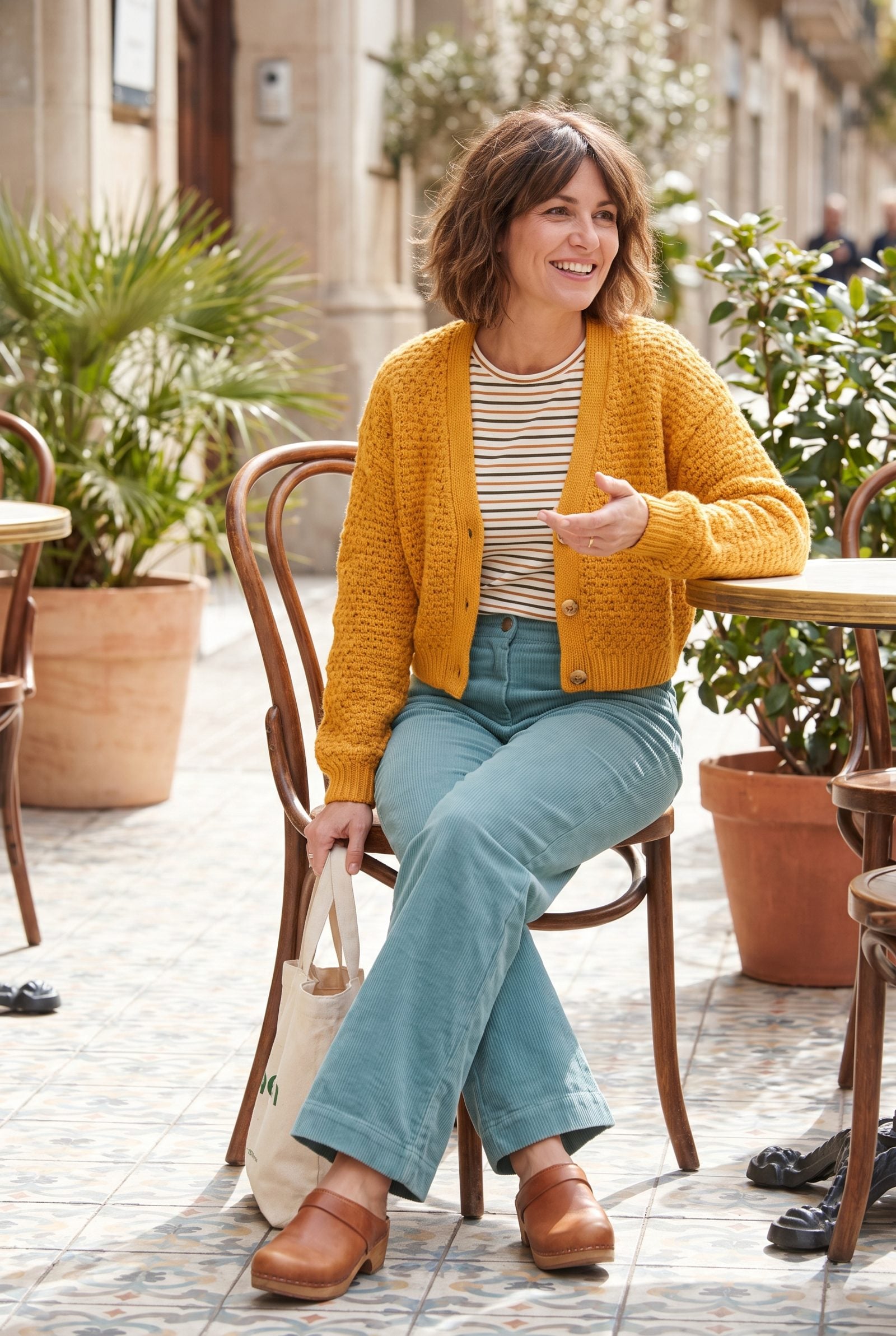 Woman aged 52 to 58 outdoors with a short choppy salt-and-pepper textured crop, wearing a mustard linen shirt.