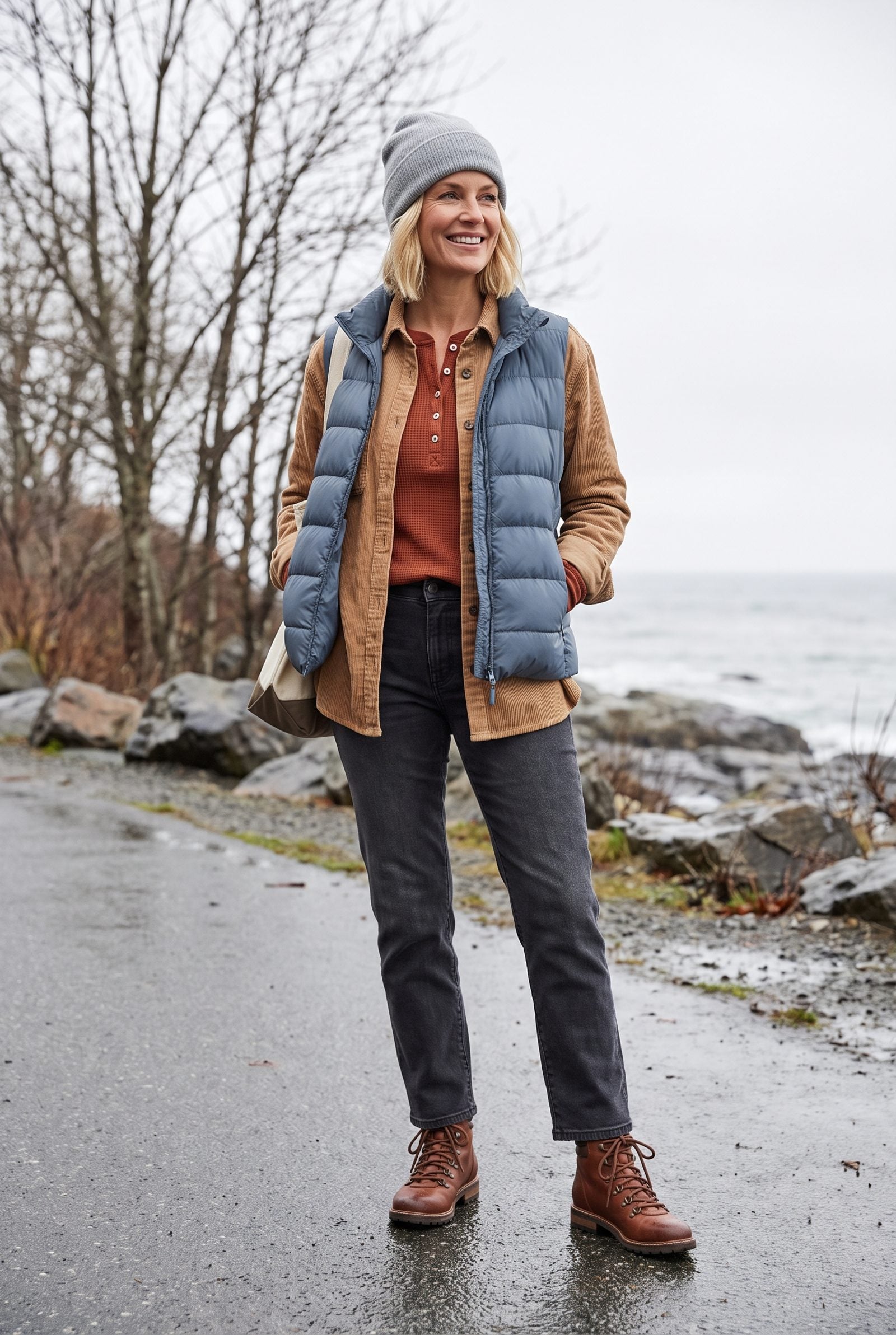 Thermal Henley + Corduroy Overshirt + Puffer Vest