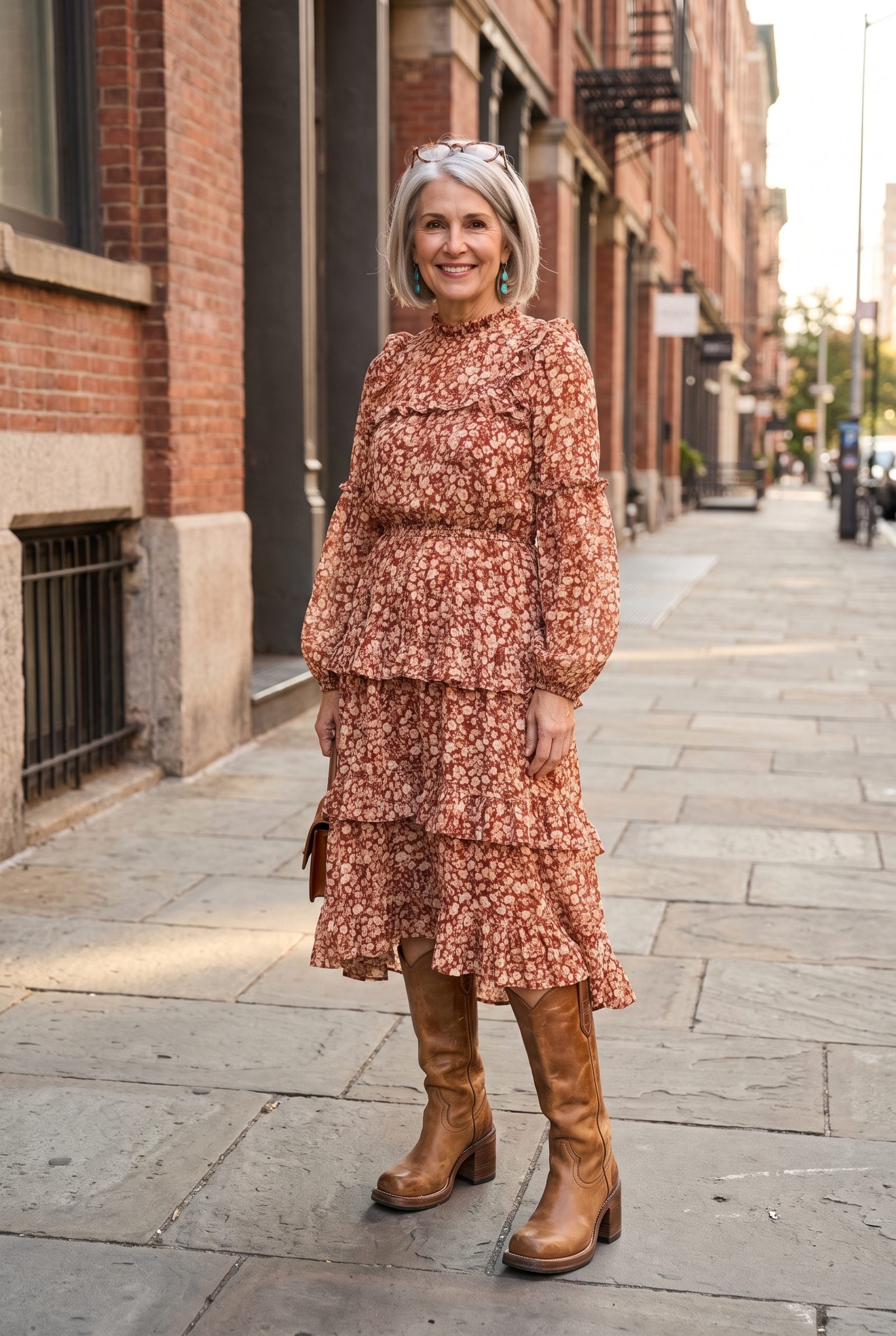 Woman in a tiered rust floral prairie dress wearing bulky distressed Western knee boots with stacked heels.