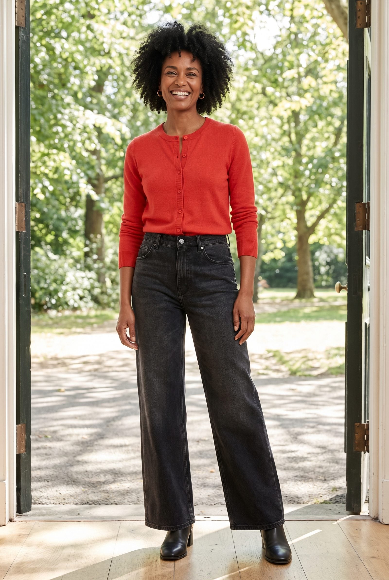 Tomato-Red Cardigan + Faded-Black Wide-Leg Jeans