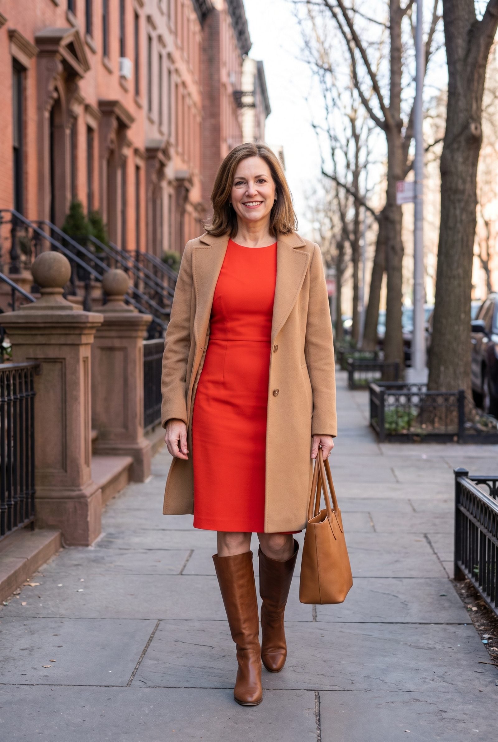Tomato-Red Sheath Dress With a Camel Coat