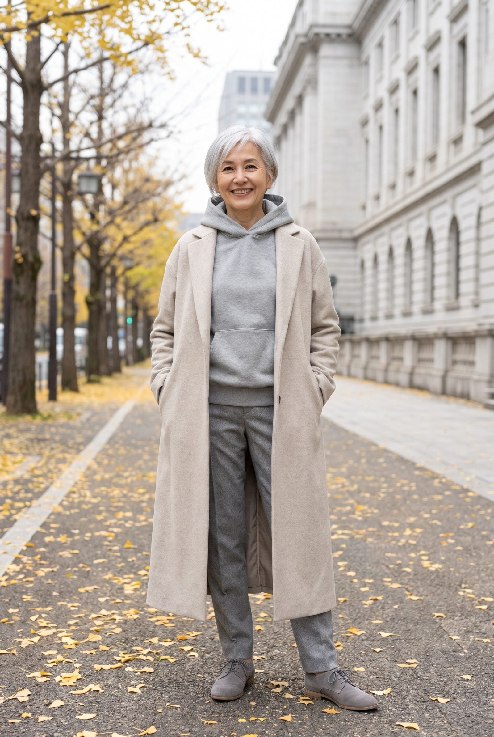 Tonal Hoodie and Tailored Pants Beneath a Long Coat