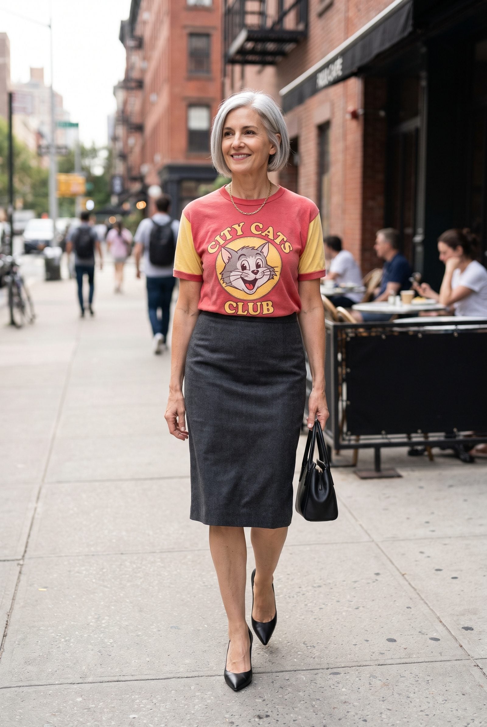 Topping a Formal Pencil Skirt With a Loud Novelty Graphic Tee