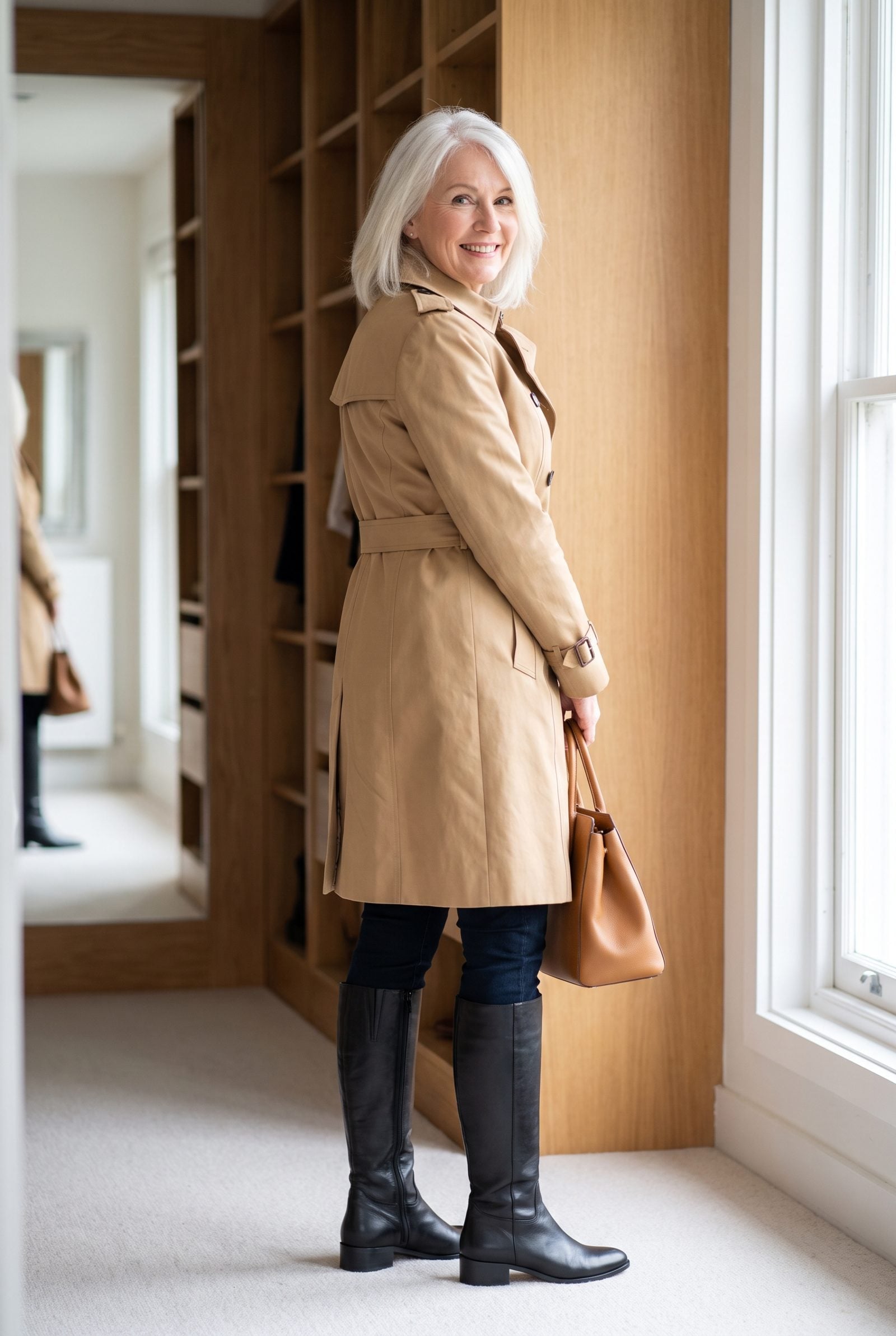 Woman in a belted camel trench and knee-high black boots, the coat hem and boot top landing on the same line at the knee.