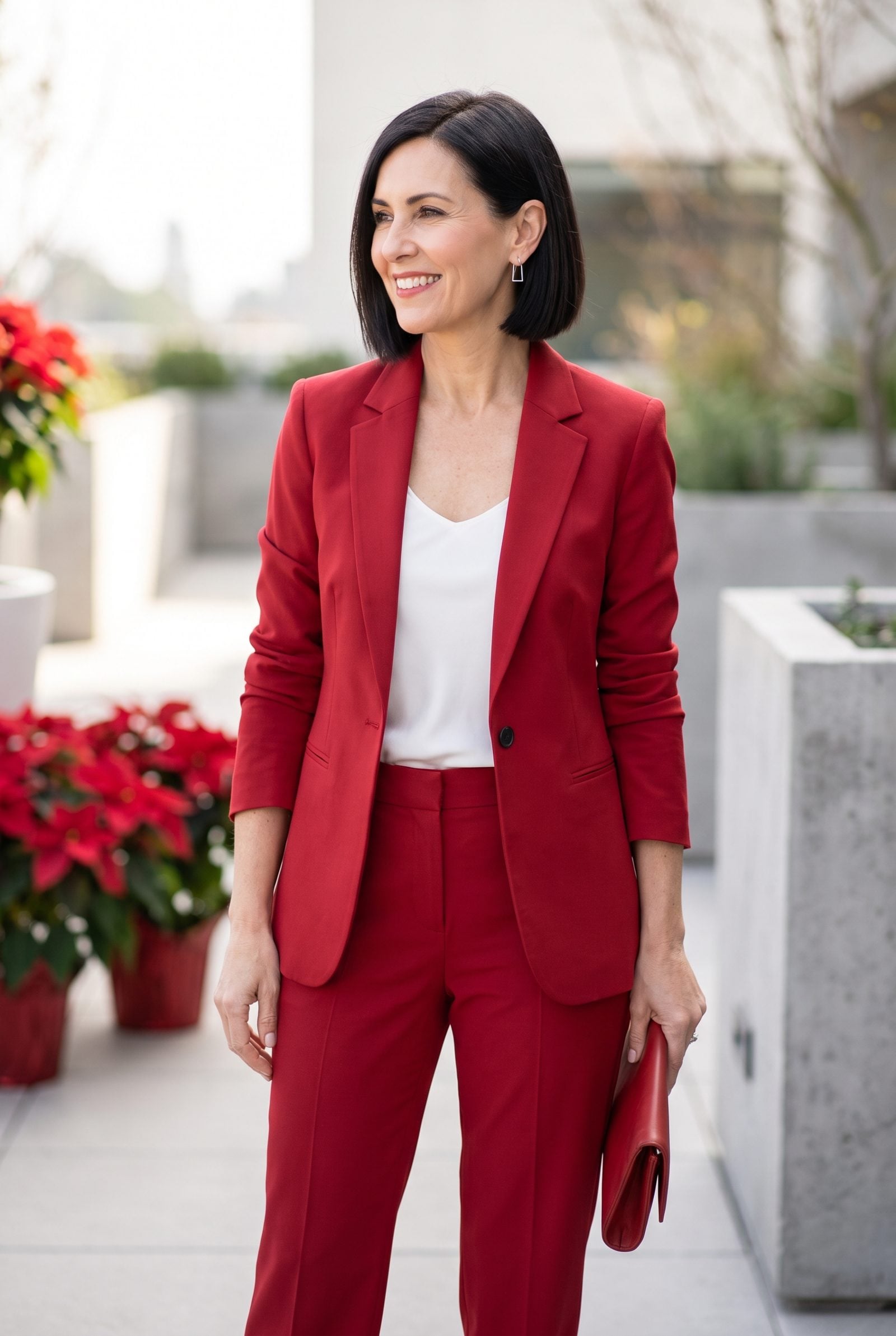 True-Red Pantsuit With Minimalist Silver Earrings