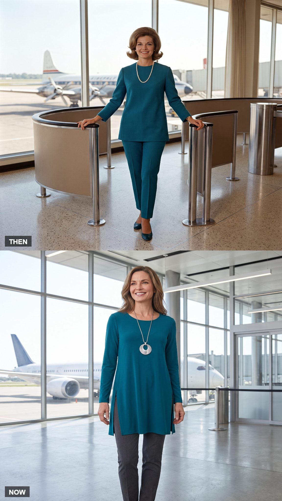 Vintage peacock-teal tunic and matching trousers compared with a modern teal tunic and charcoal trousers