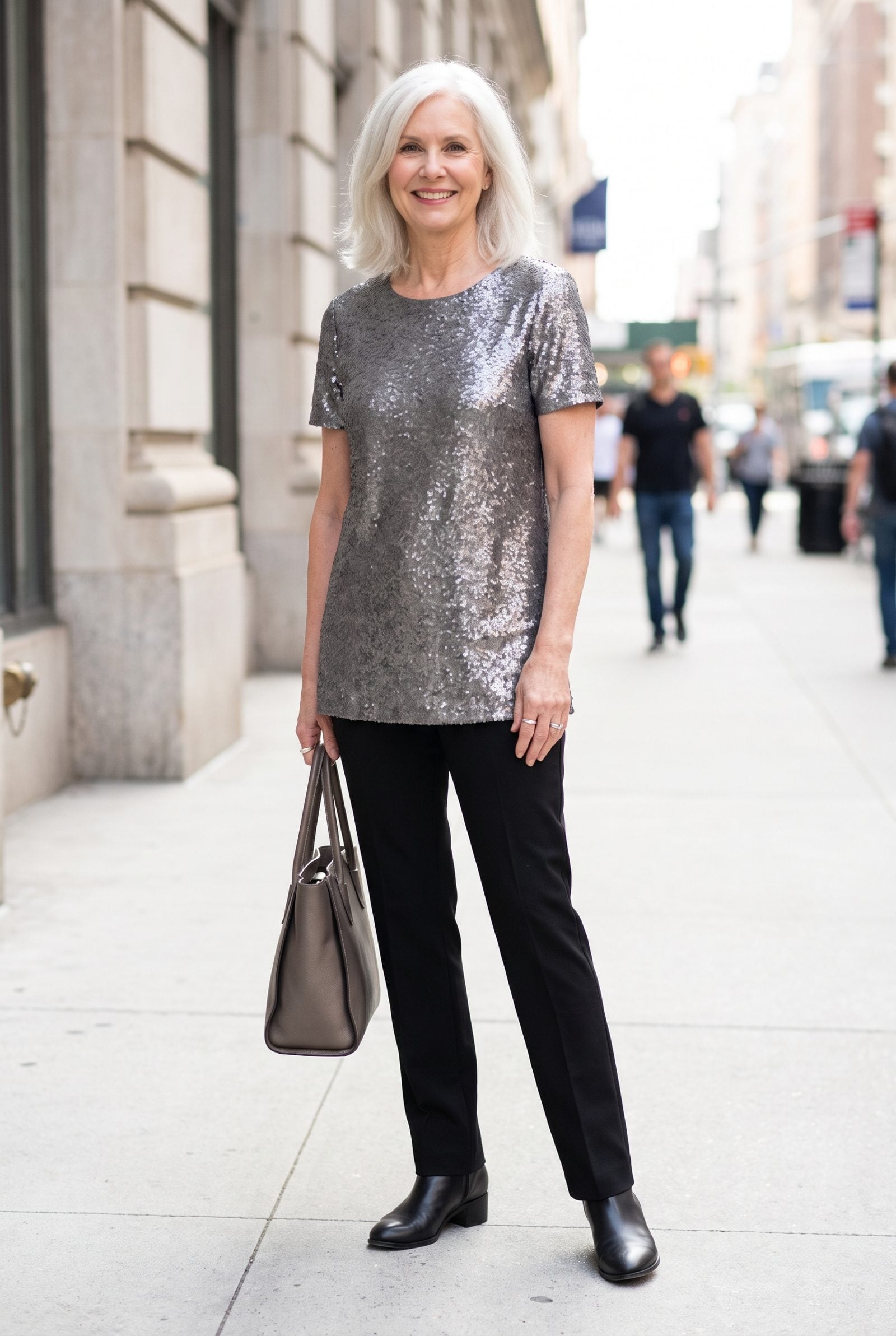 Tunic-Length Sequin Top With Straight Black Trousers