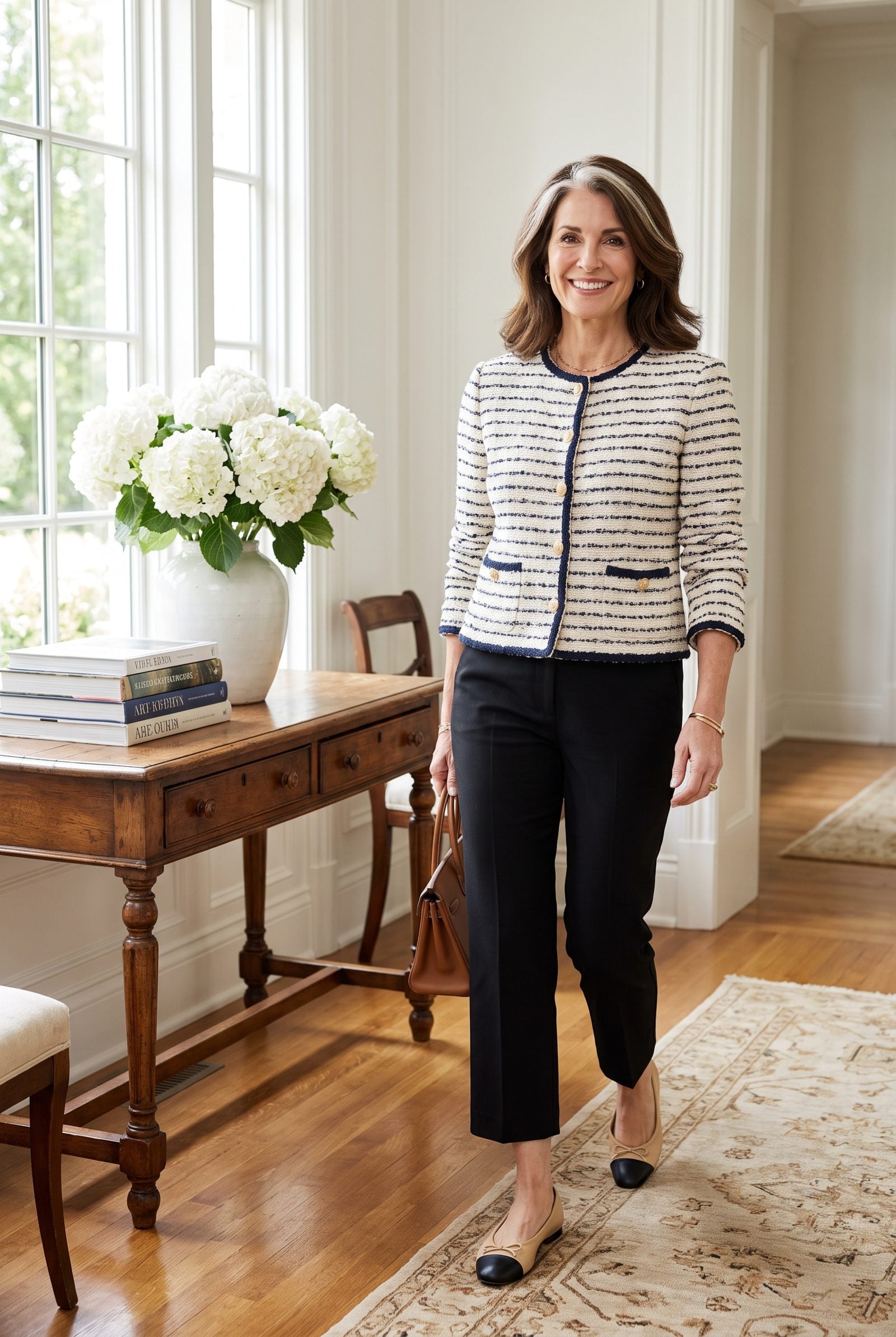 Two-Tone Cap-Toe Flats With a Bouclé Jacket and Black Cropped Trousers