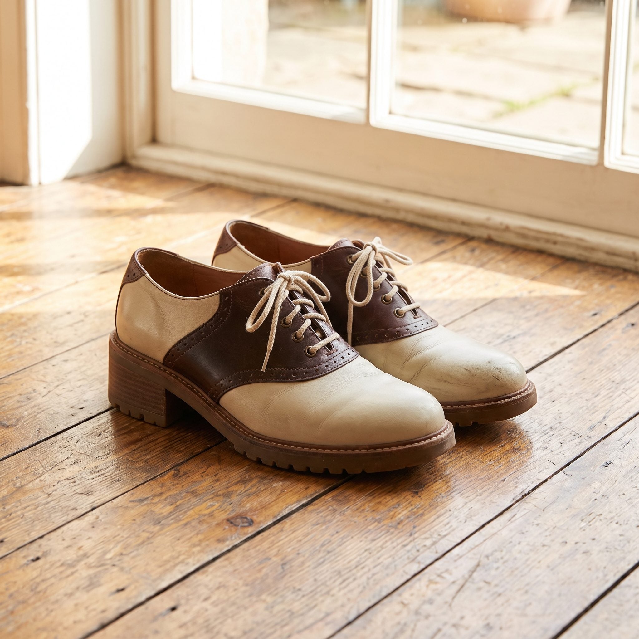 1950s two-tone saddle shoes with contrasting leather panels