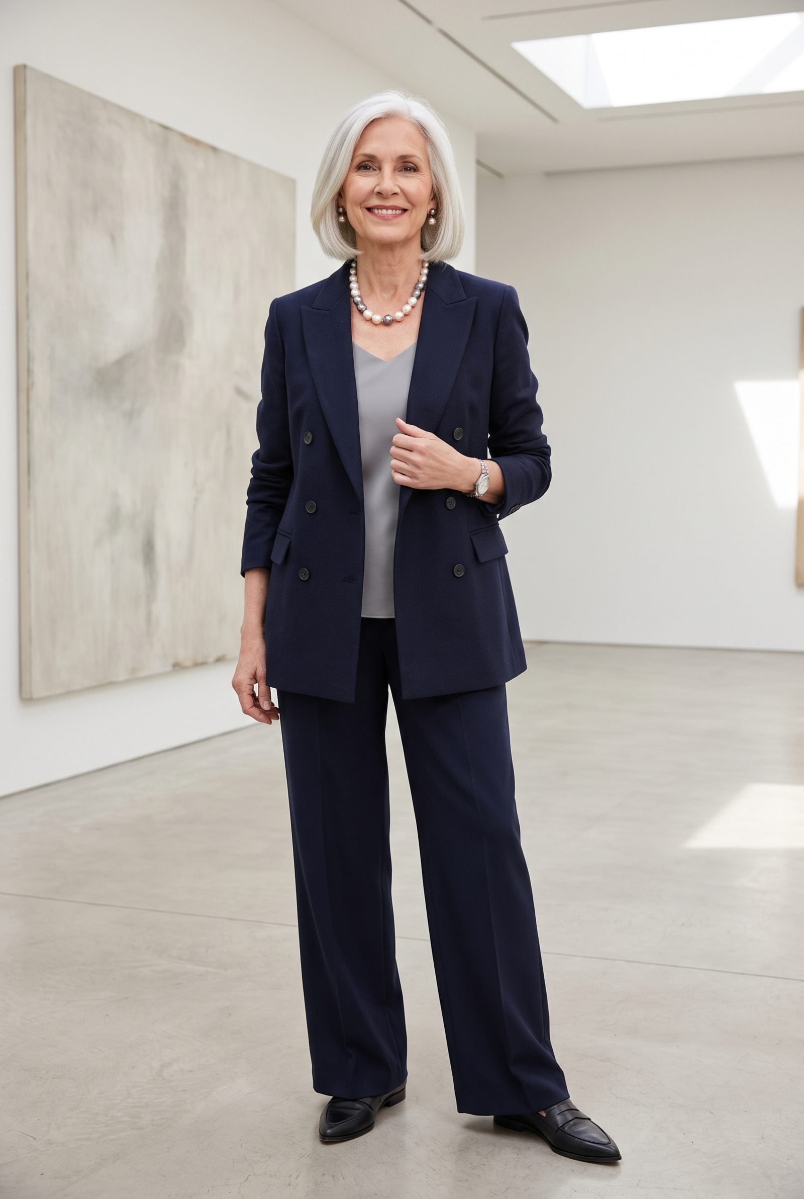 Two-Tone White and Gray Pearls With Navy Tailoring
