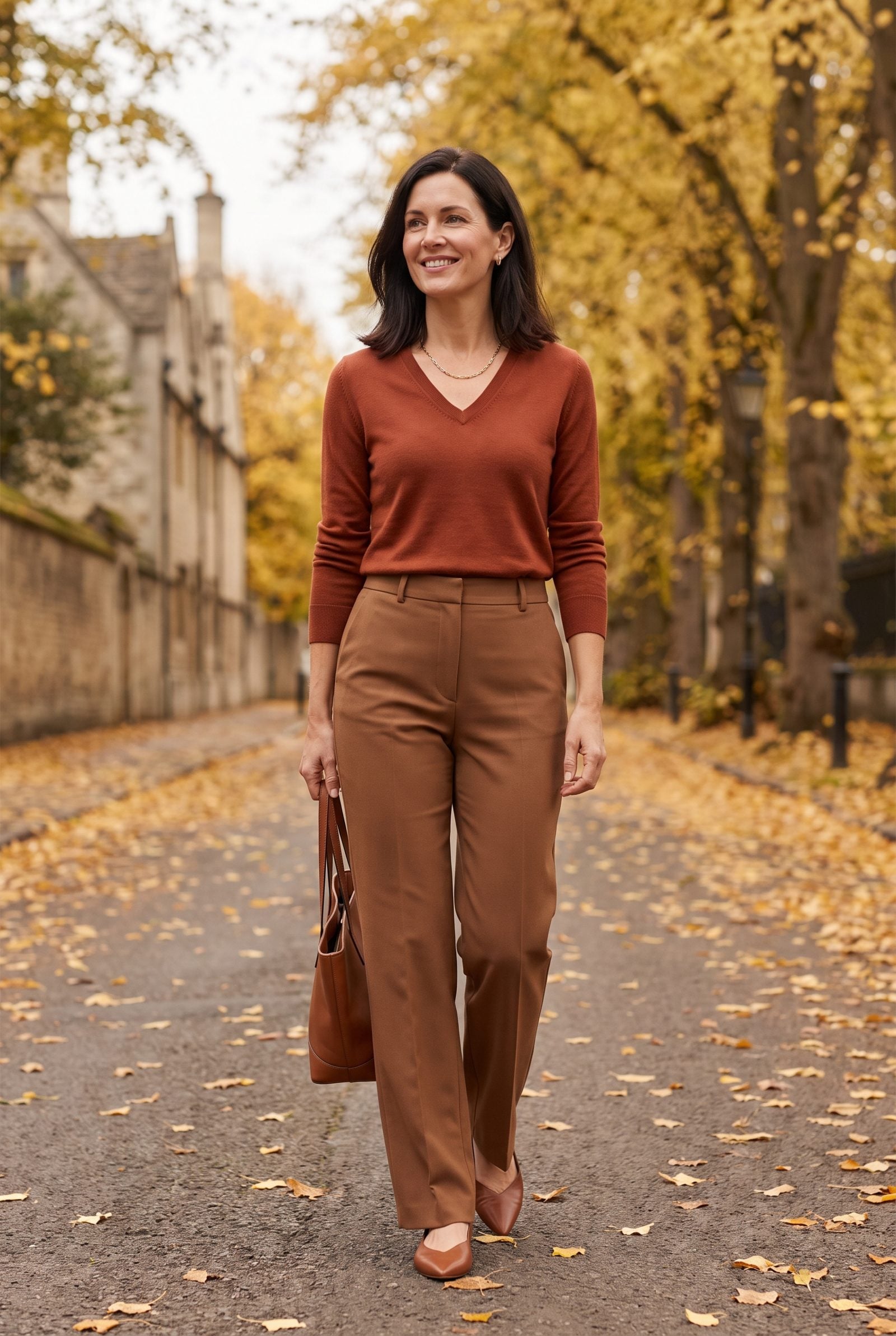 V-Neck Sweater Tucked Into High-Rise Straight Pants