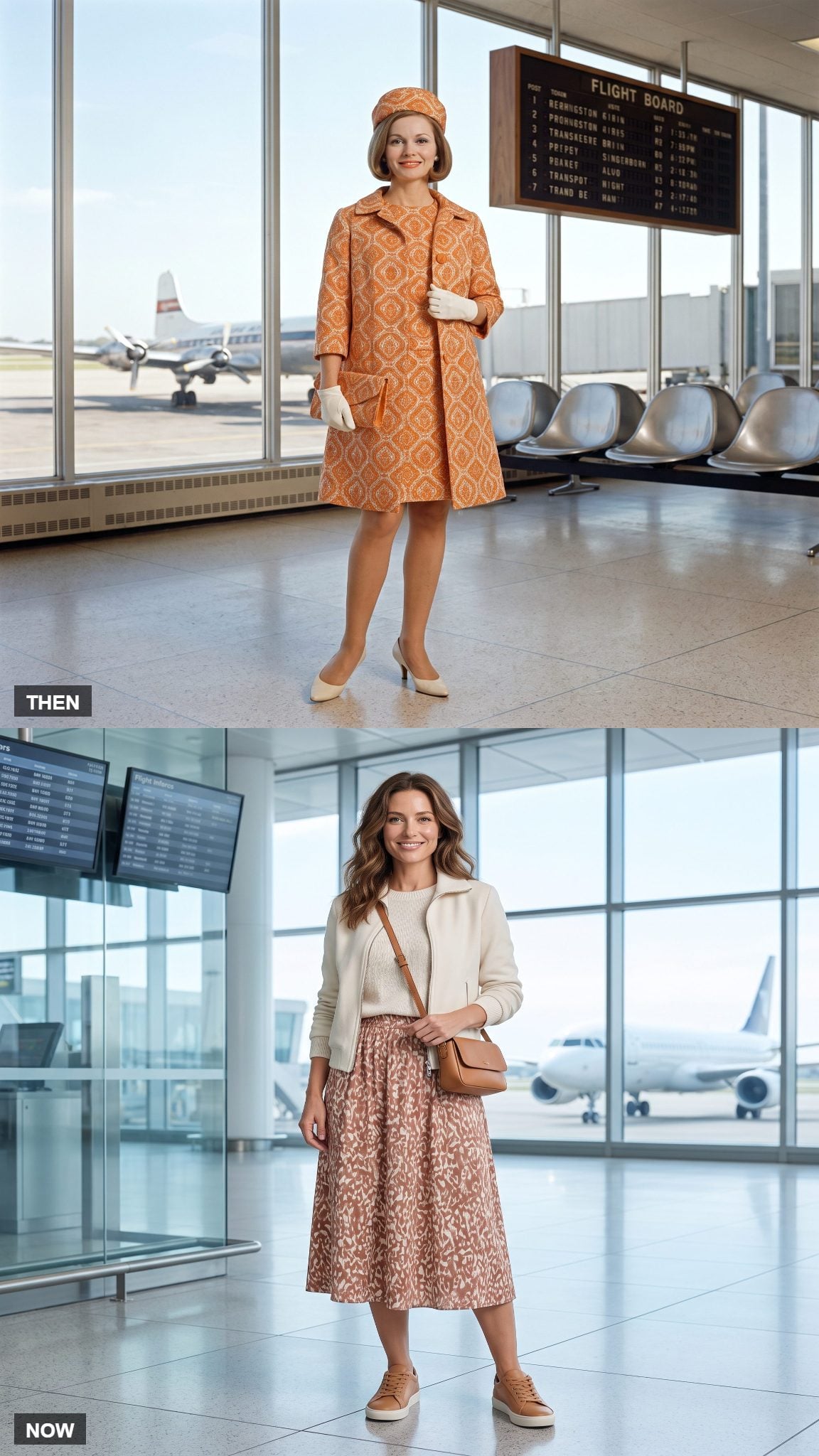 Vintage orange-and-cream printed travel ensemble compared with modern printed midi skirt and neutral separates