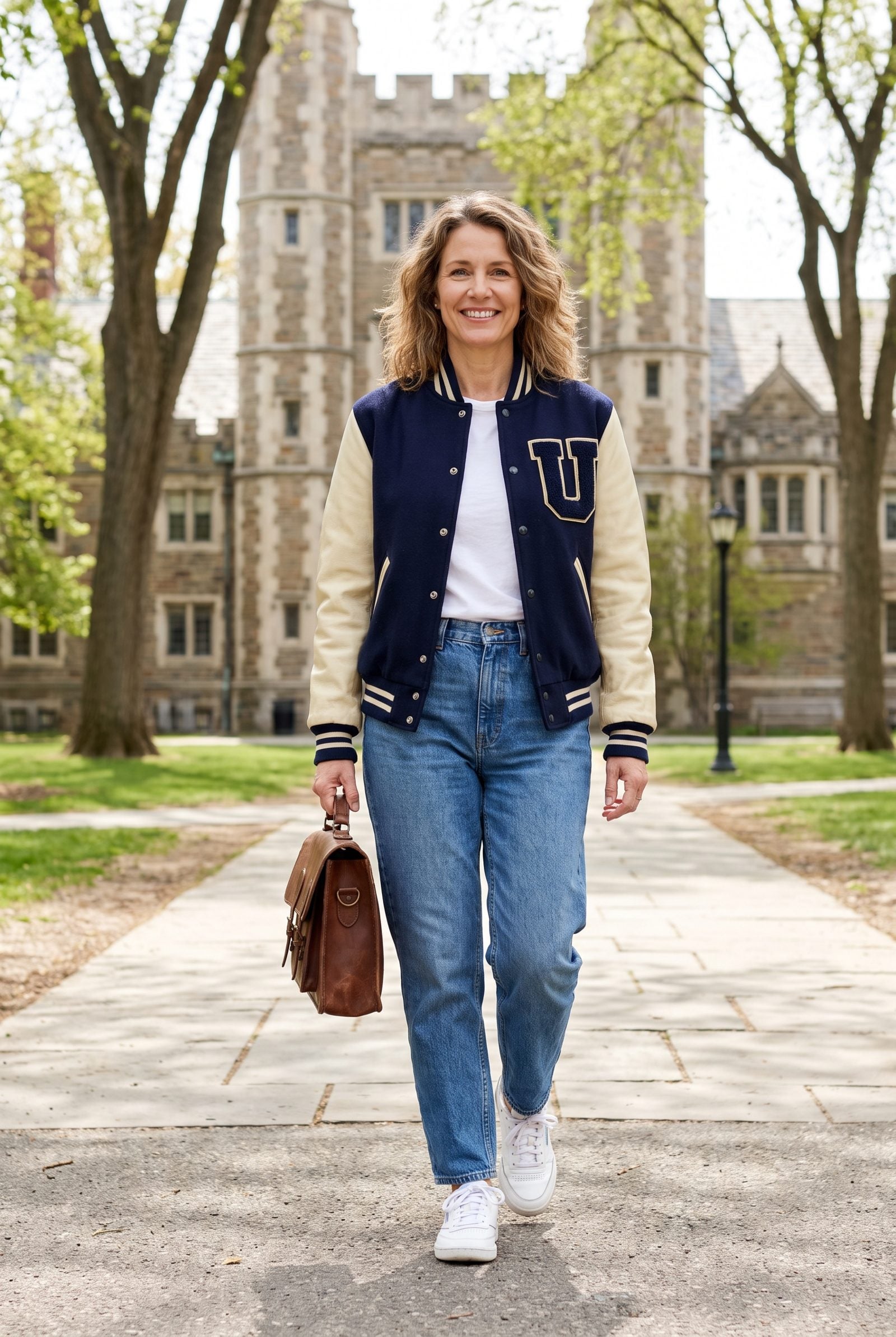 Varsity Jacket With Vintage Blue Mom Jeans