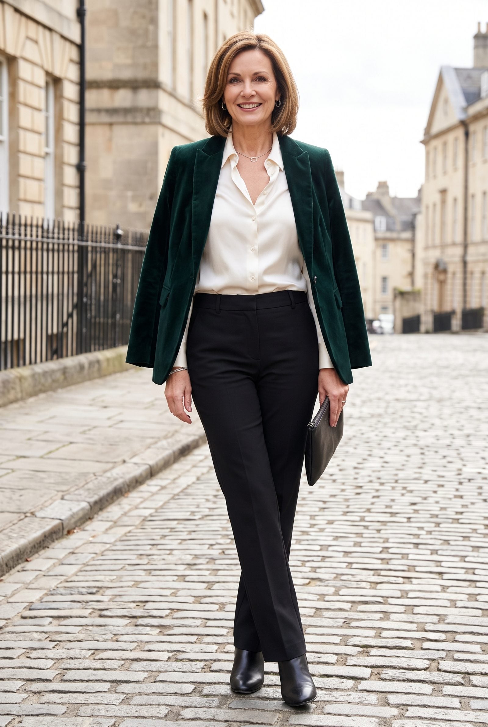 Velvet Blazer With an Ivory Silk Blouse and Black Trousers