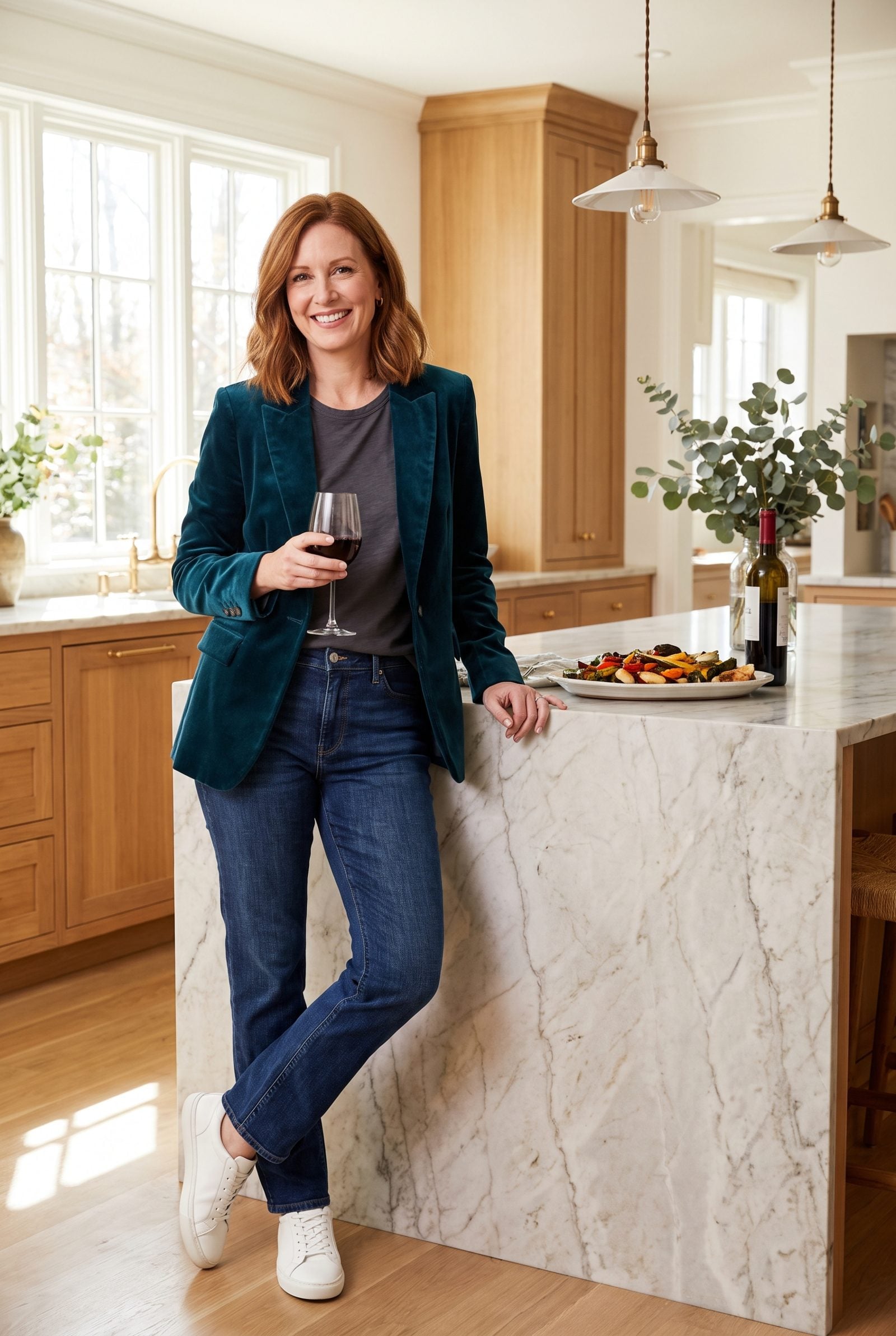 Velvet Blazer With a Jersey Tee and Straight Jeans