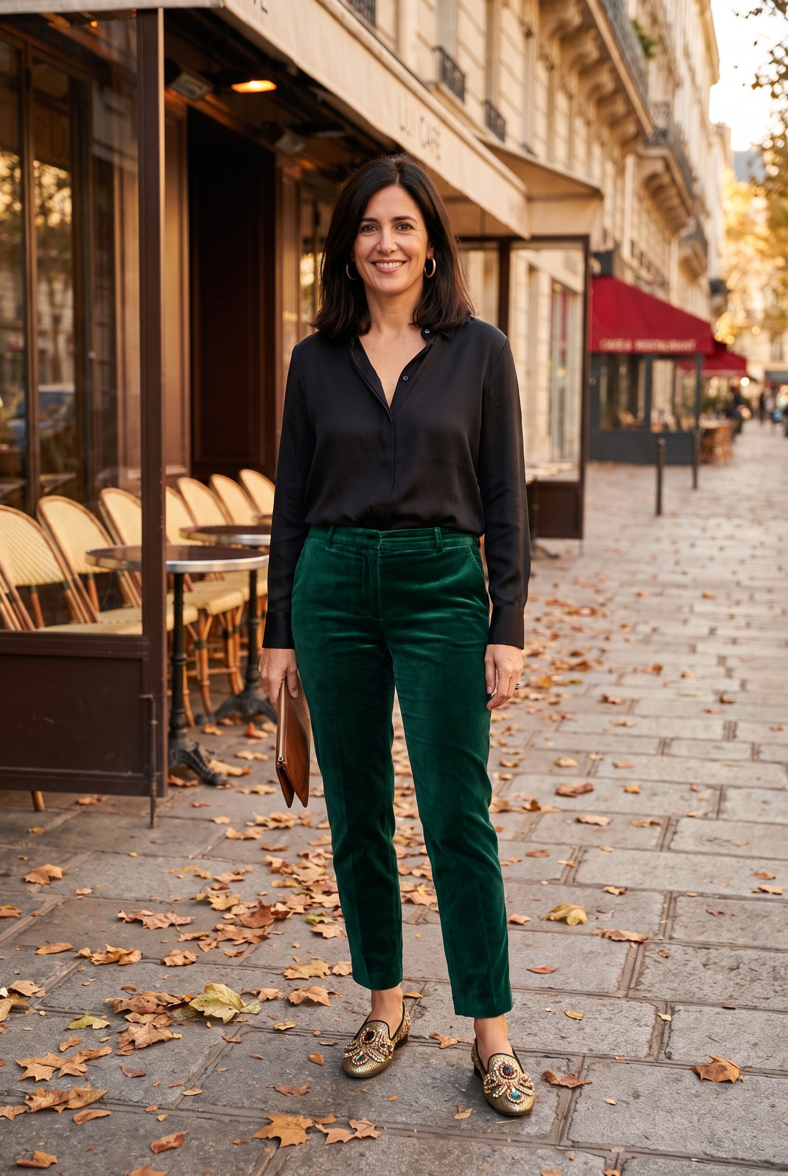 Velvet Cigarette Pants with Jeweled Smoking Slippers