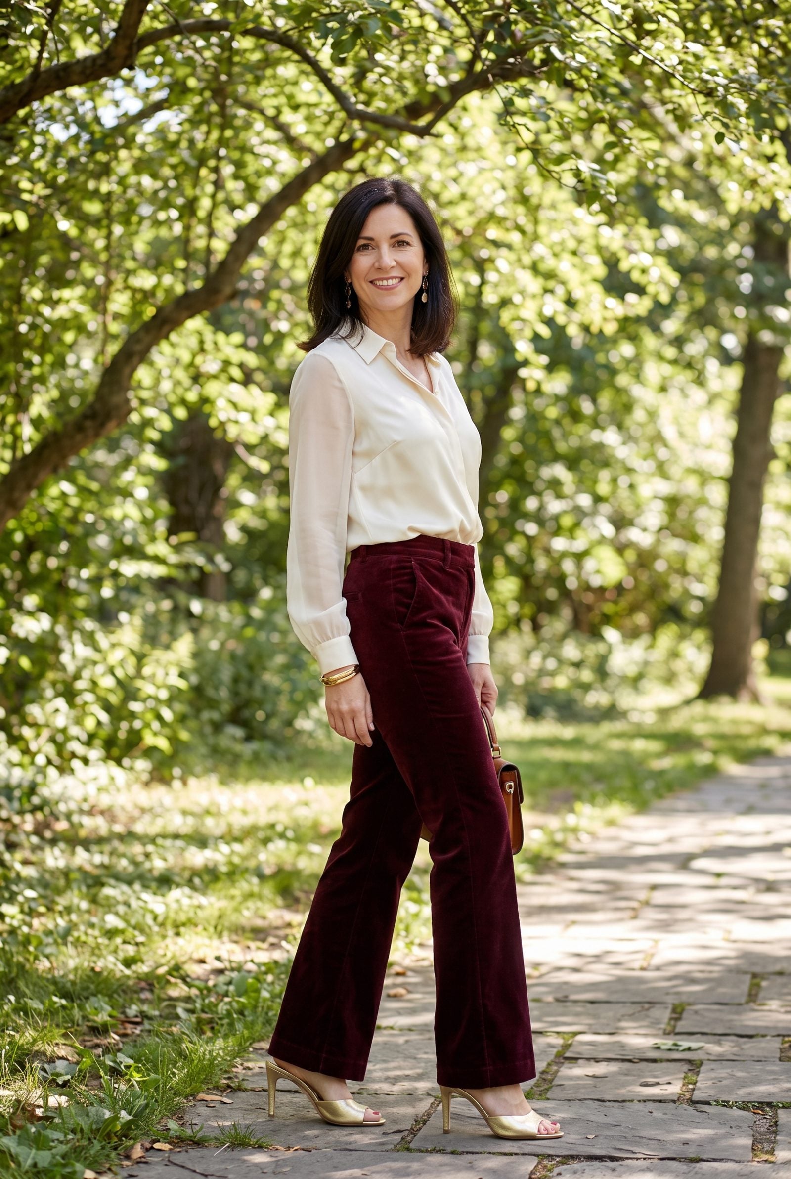 Velvet Flares With a Sheer-Sleeve Blouse