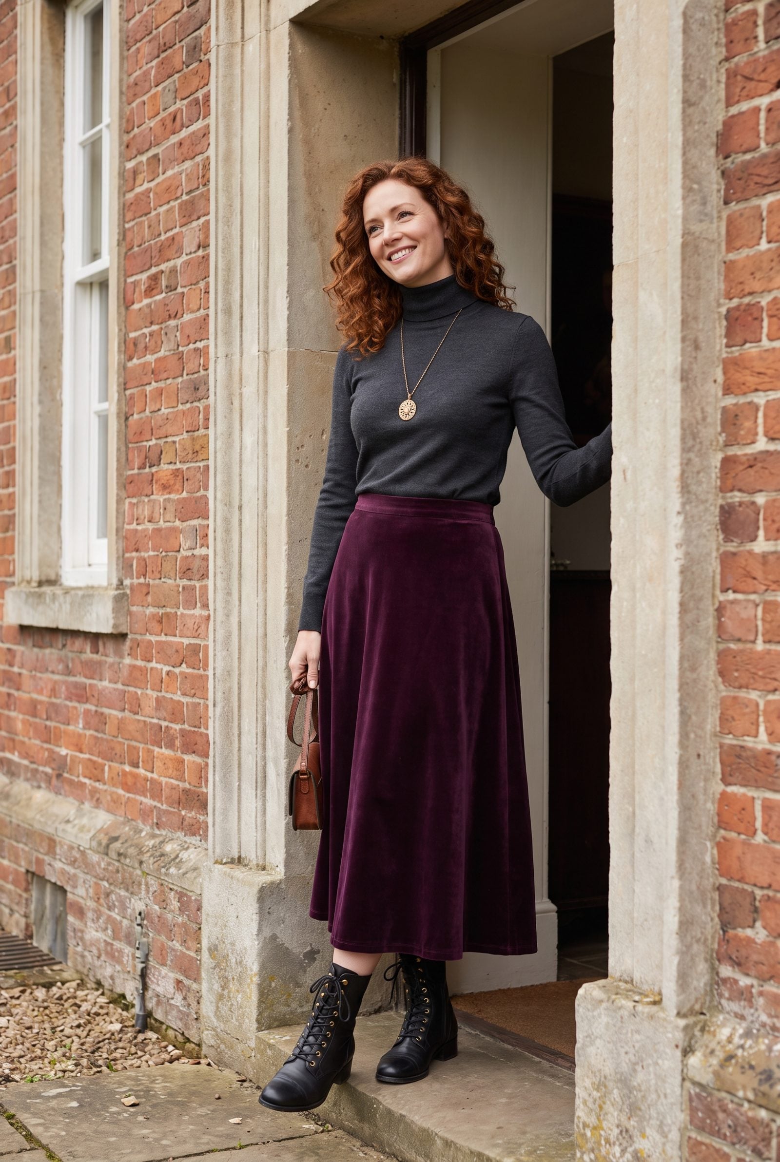 Velvet Midi Skirt With Victorian Lace-Up Boots