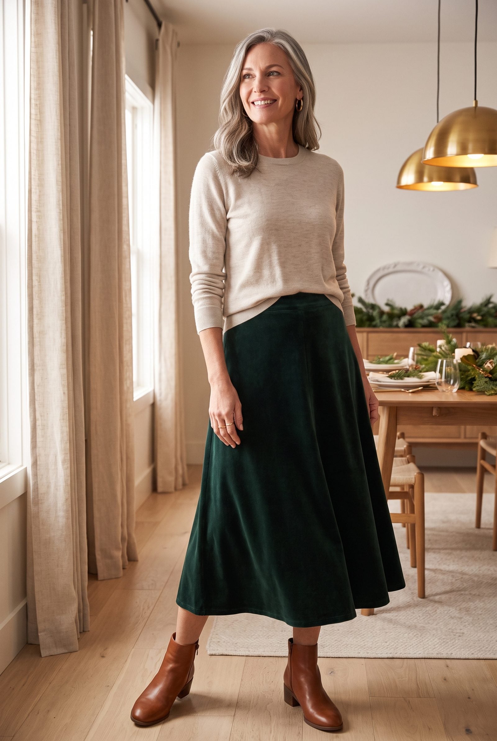 Velvet Midi Skirt With a Washable Merino Sweater