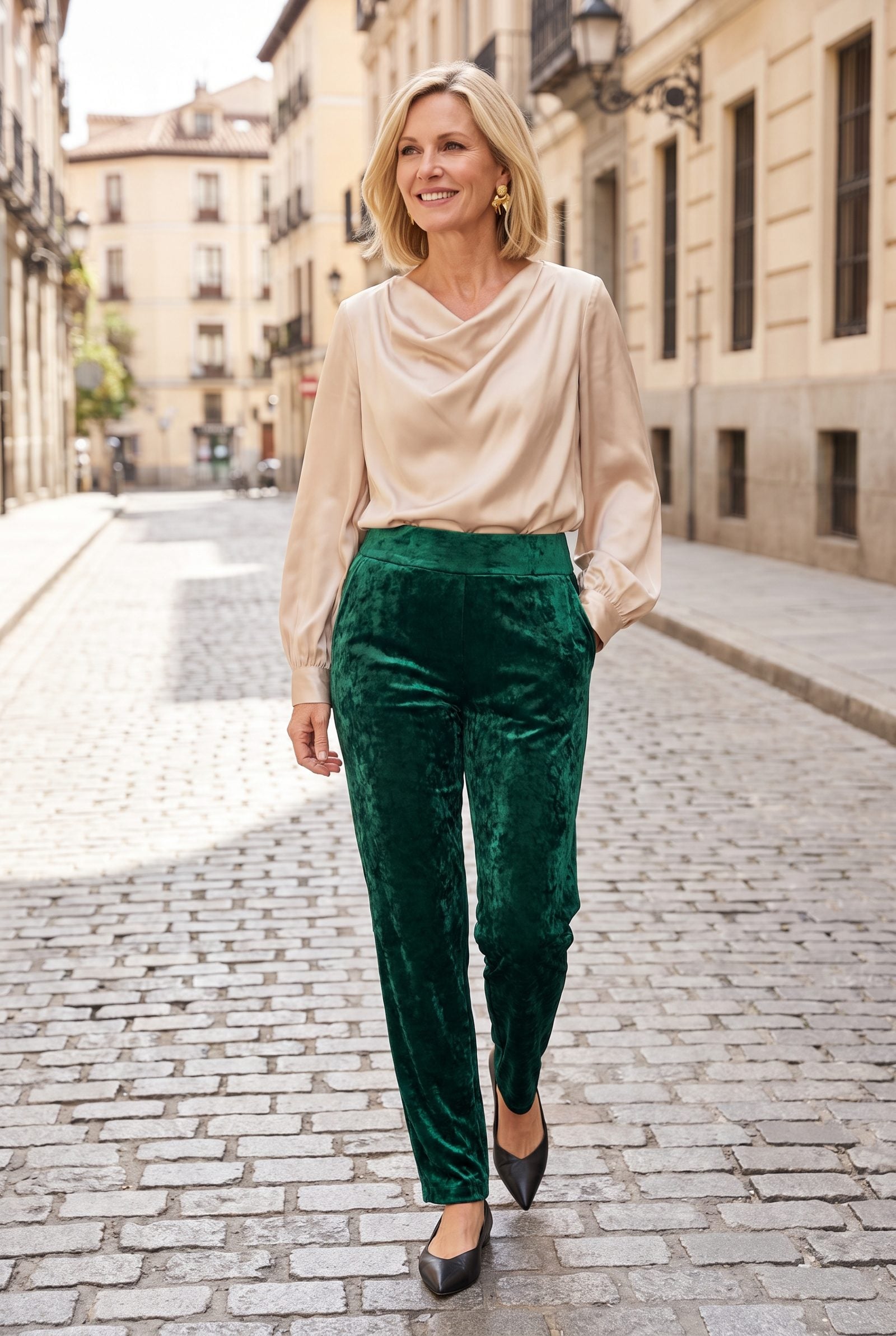 Velvet Pull-On Trousers With a Satin Blouse