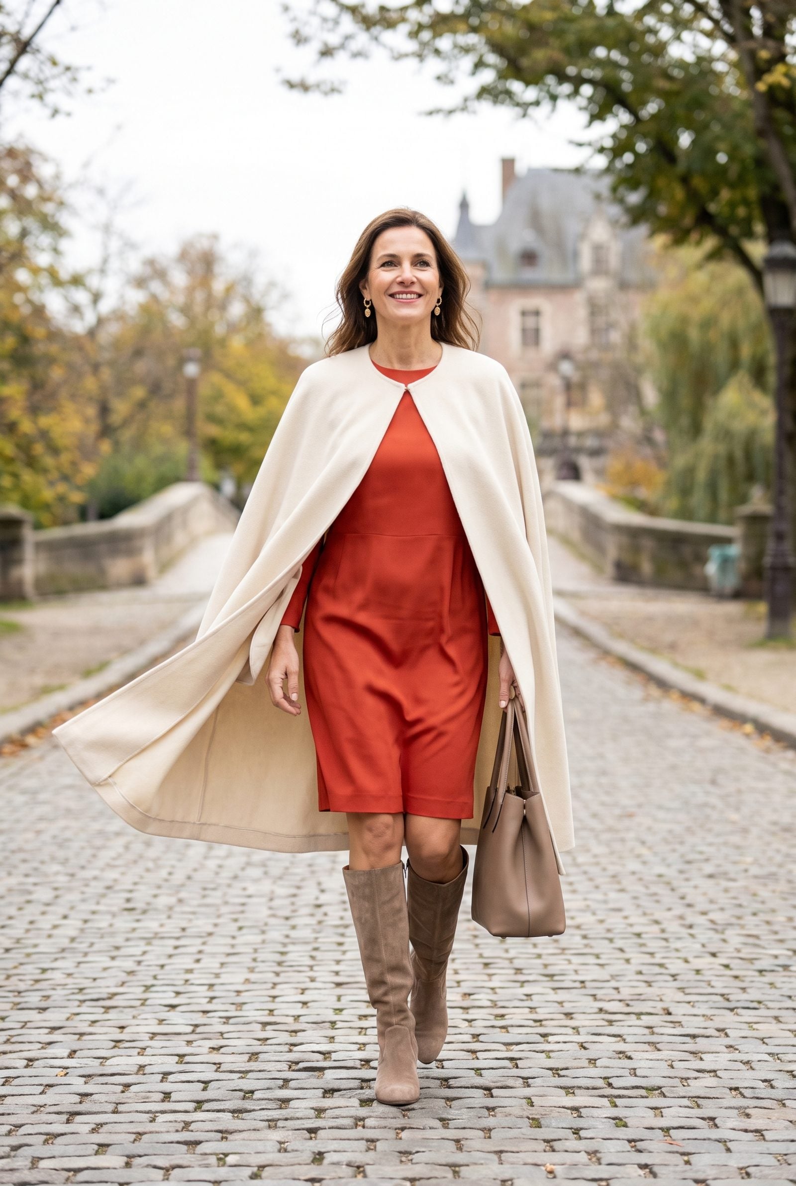 Vermilion Shift Dress With a Cream Cape