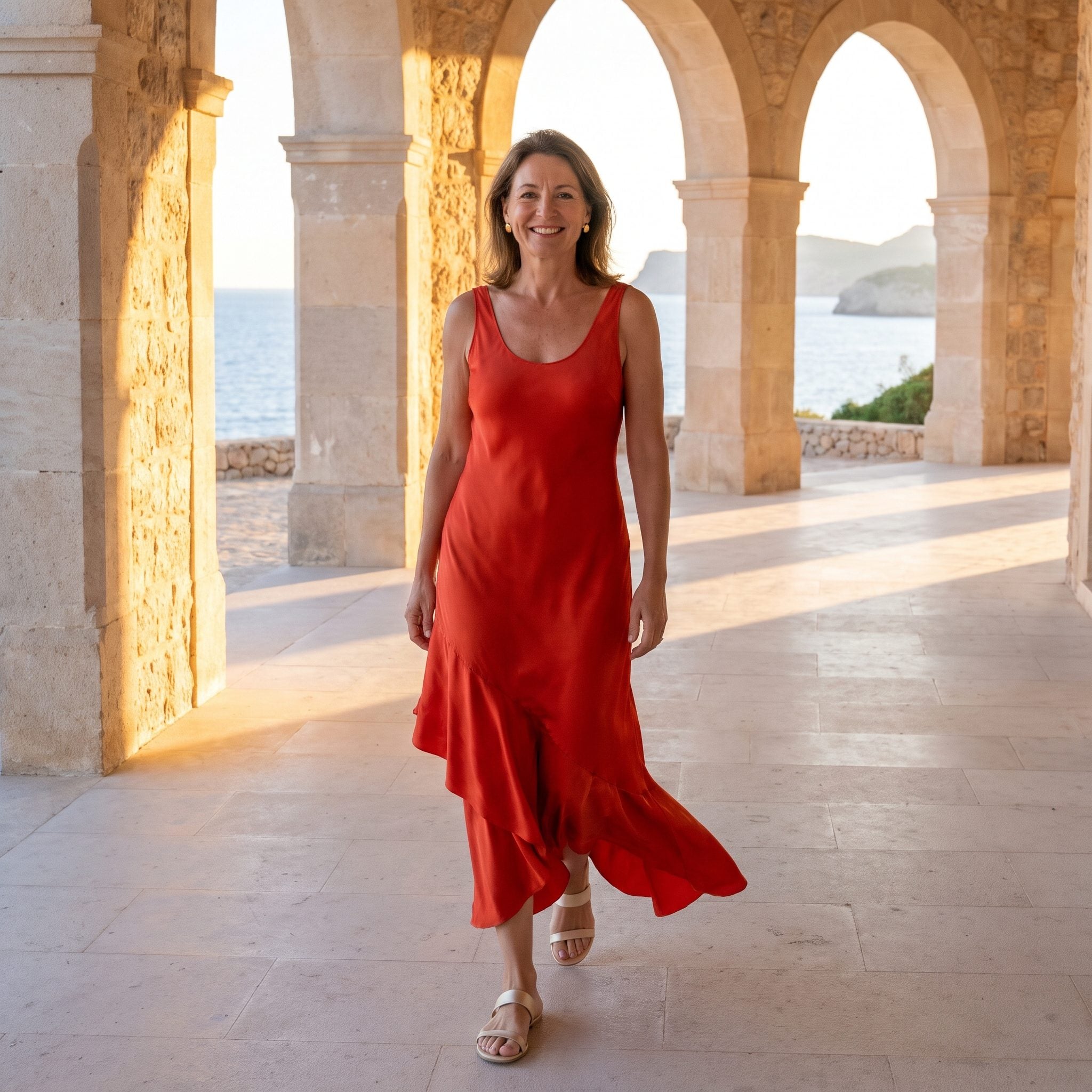 Vermilion Silk Dress with a Spiral Flounce