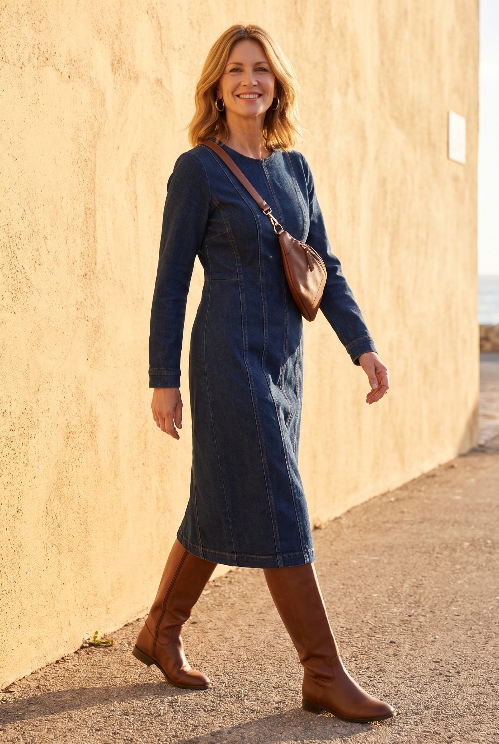 Vertical-Seam Denim Dress With Tall Flat Boots
