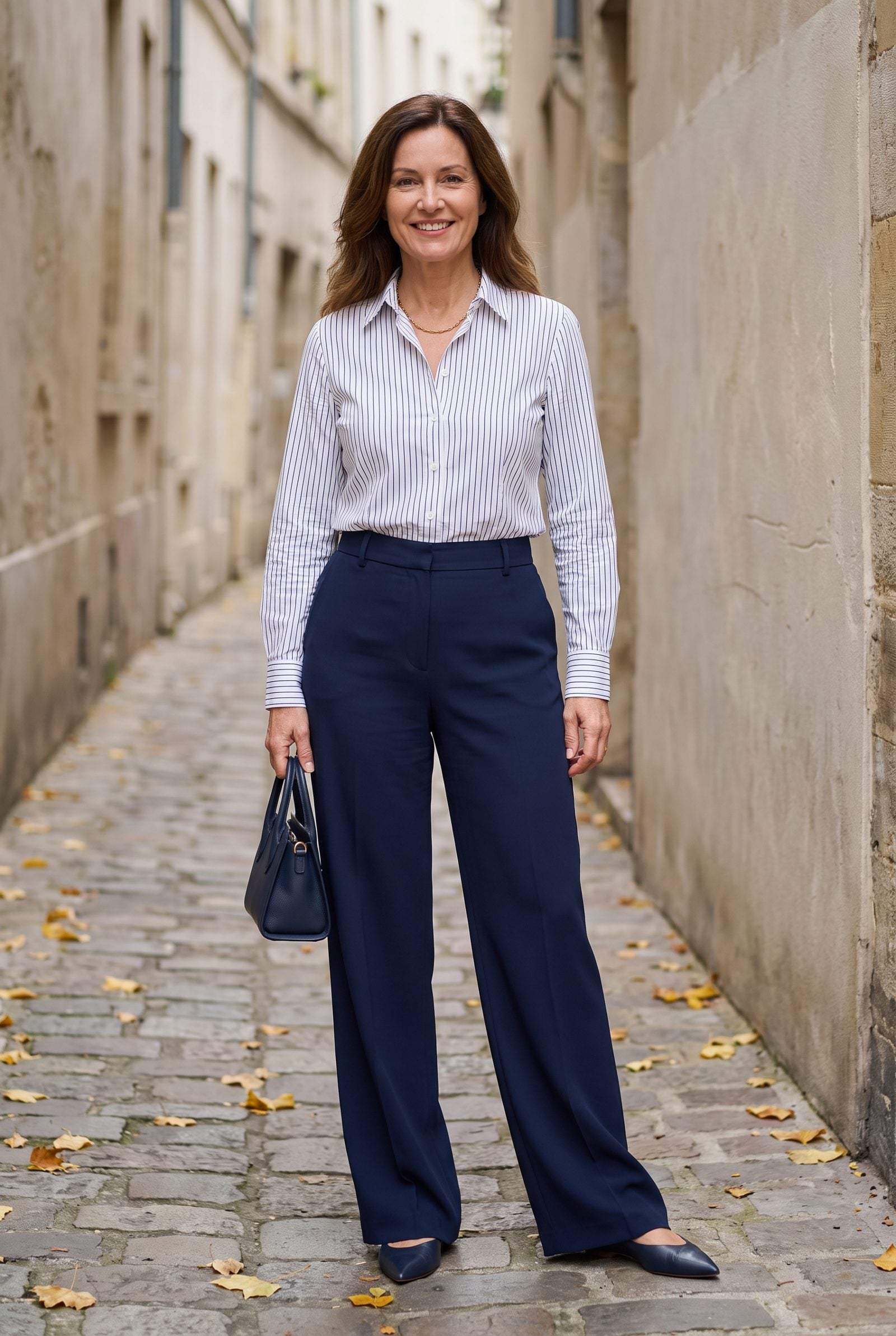 Vertical-Striped Blouse With Fluid Full-Length Pants
