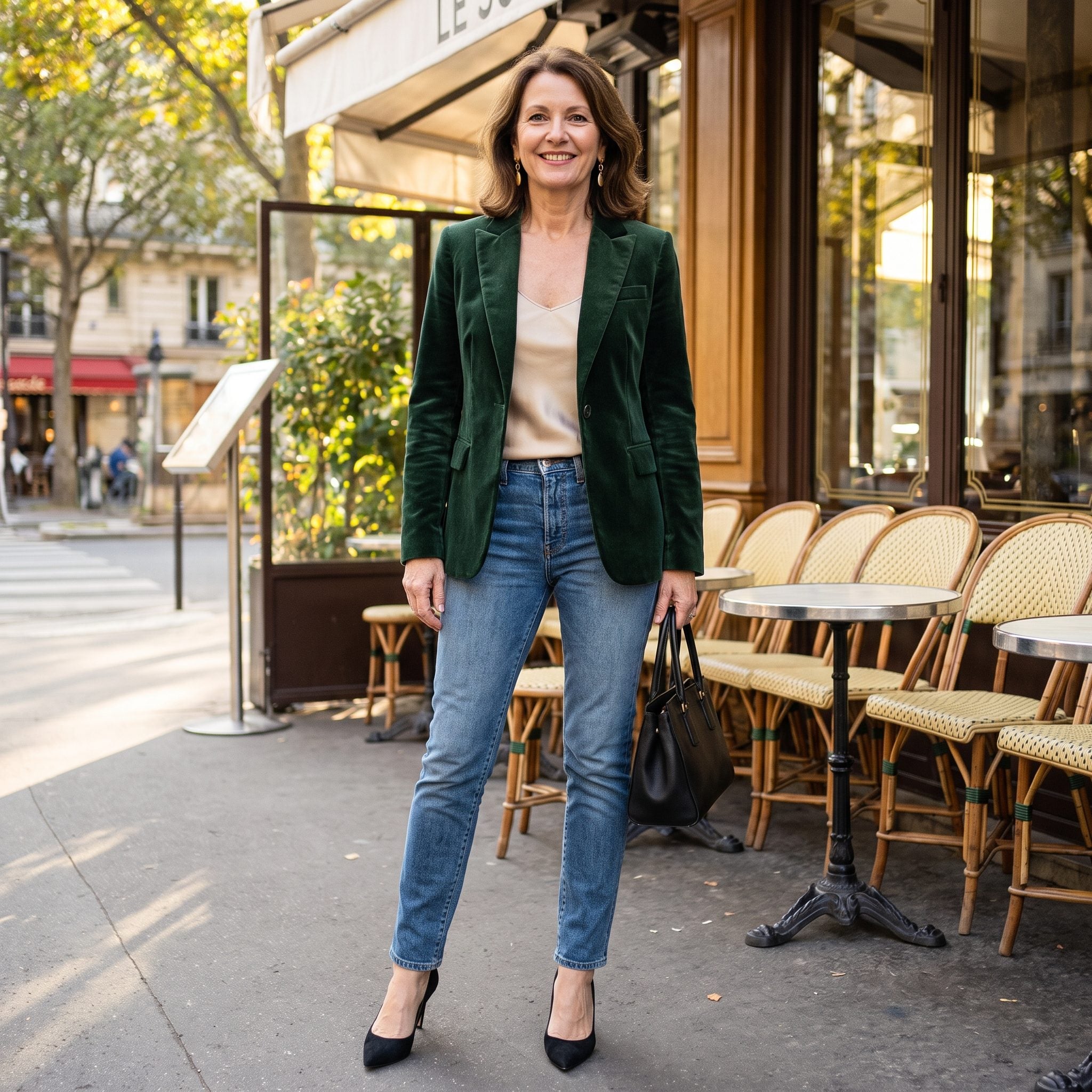 Vintage-Blue Slim Jeans + a Forest Velvet Blazer