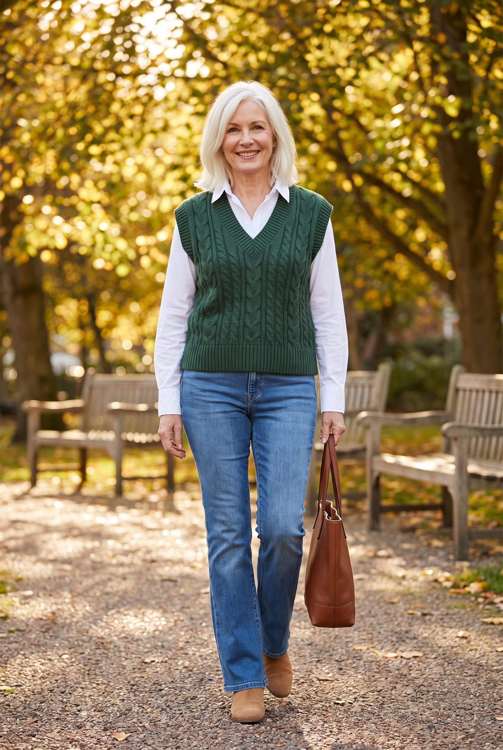 Vintage Bootcut Jeans + Forest-Green Cable-Knit Vest