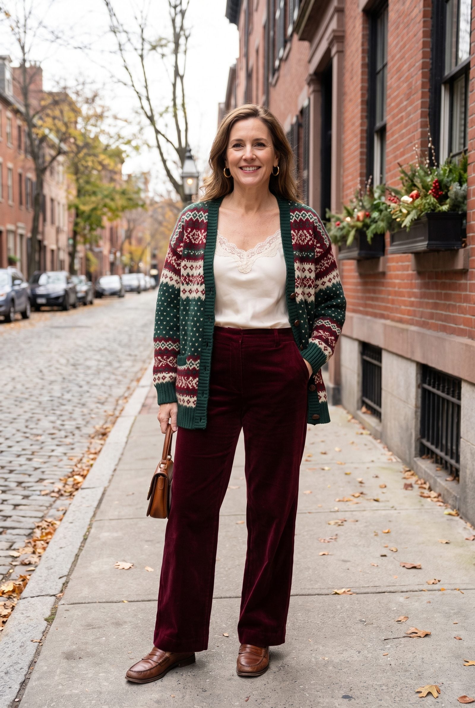 Vintage Holiday Cardigan With a Silk Camisole and Trousers