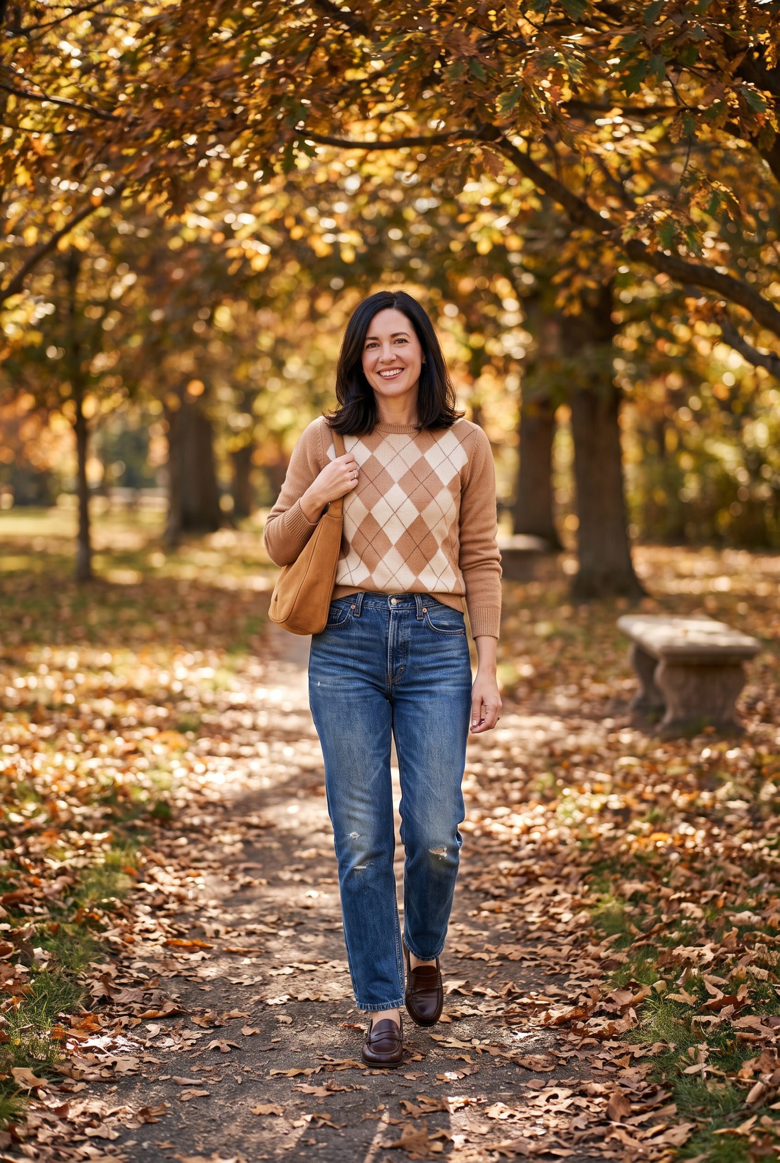 Vintage Indigo Jeans + Camel Argyle Sweater