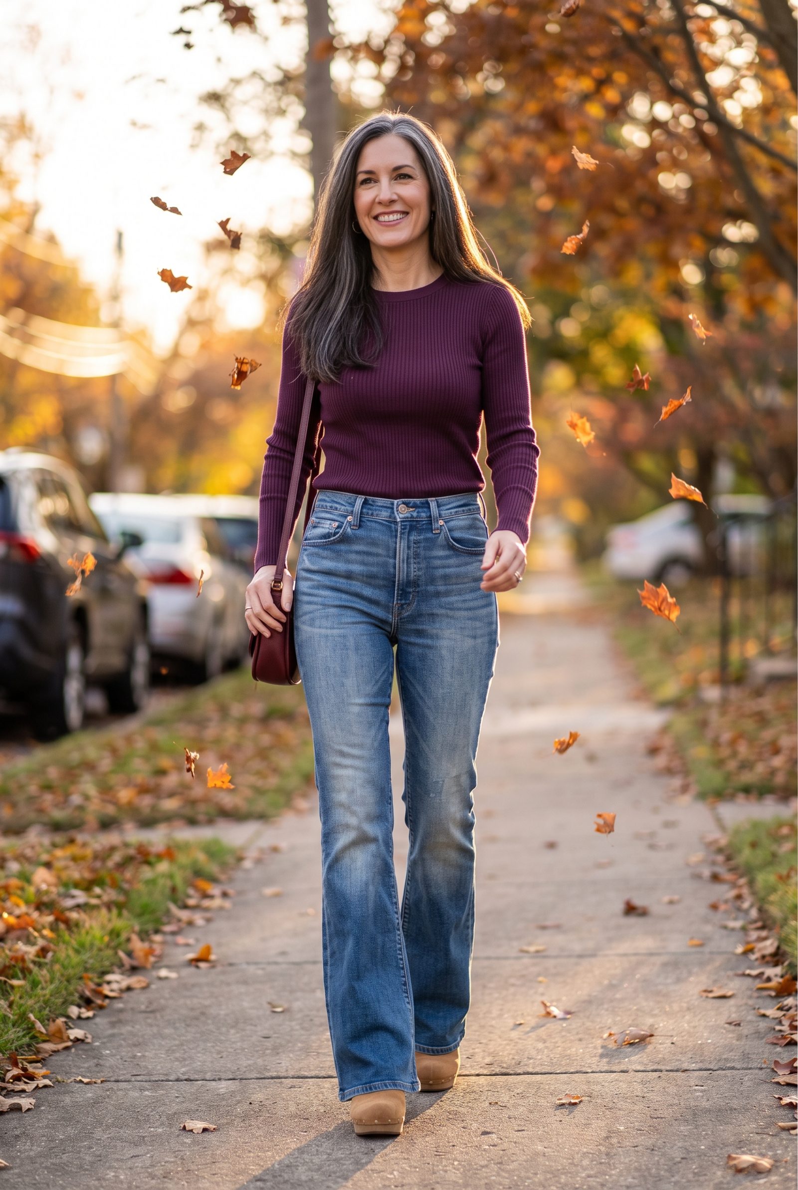 Vintage-Wash Flare Jeans + Plum Ribbed Sweater