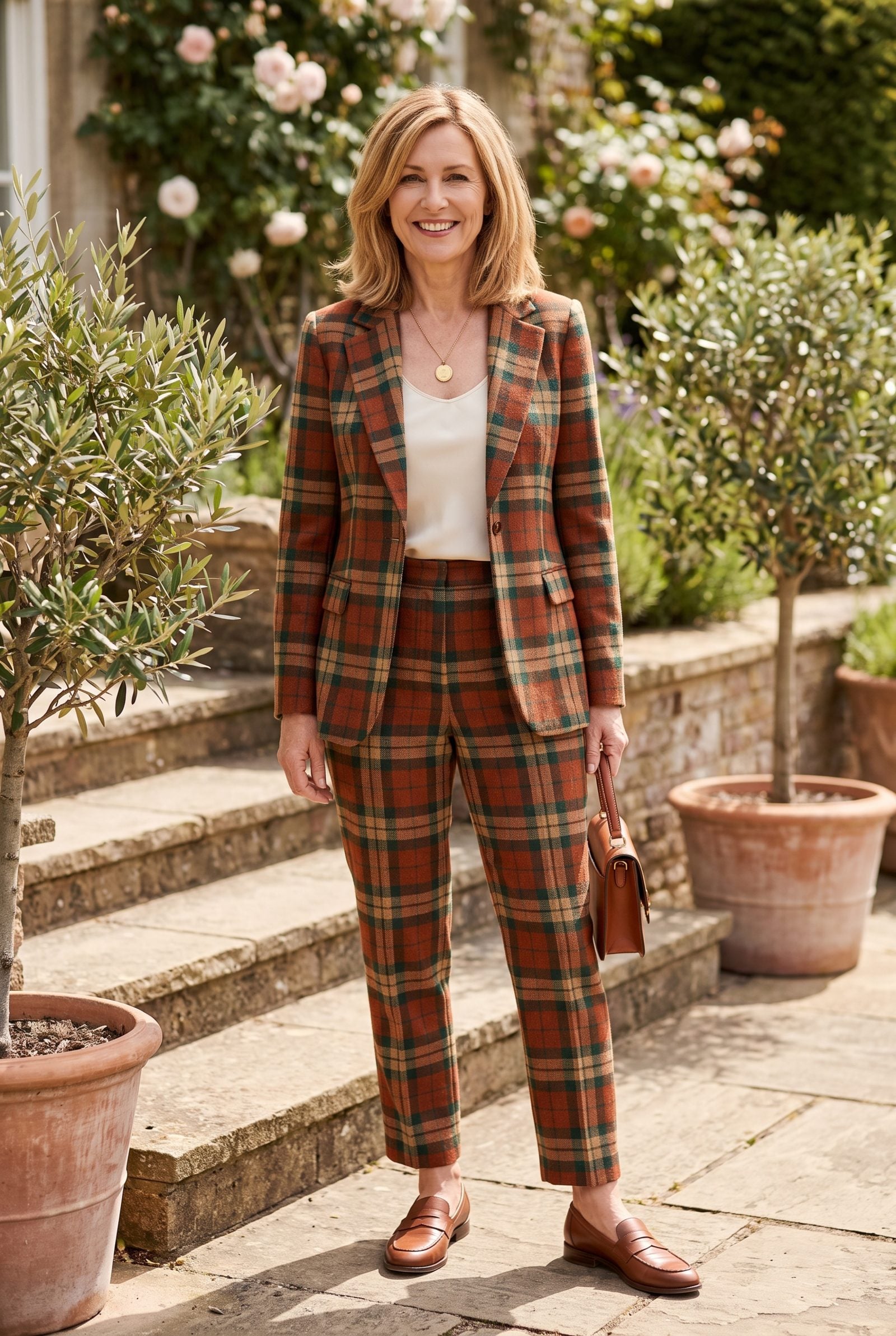 Warm Tartan Suit With a Gold Signet Necklace