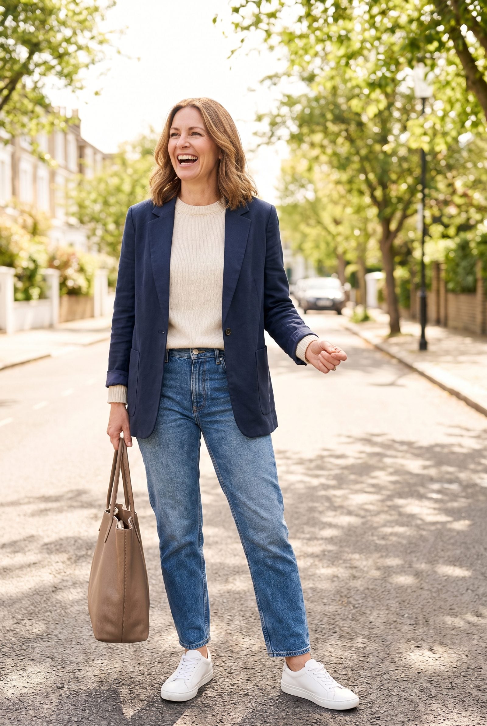 Light-to-medium blue washed jeans folded over a wooden chair arm with a white sneaker on the floor beside it.