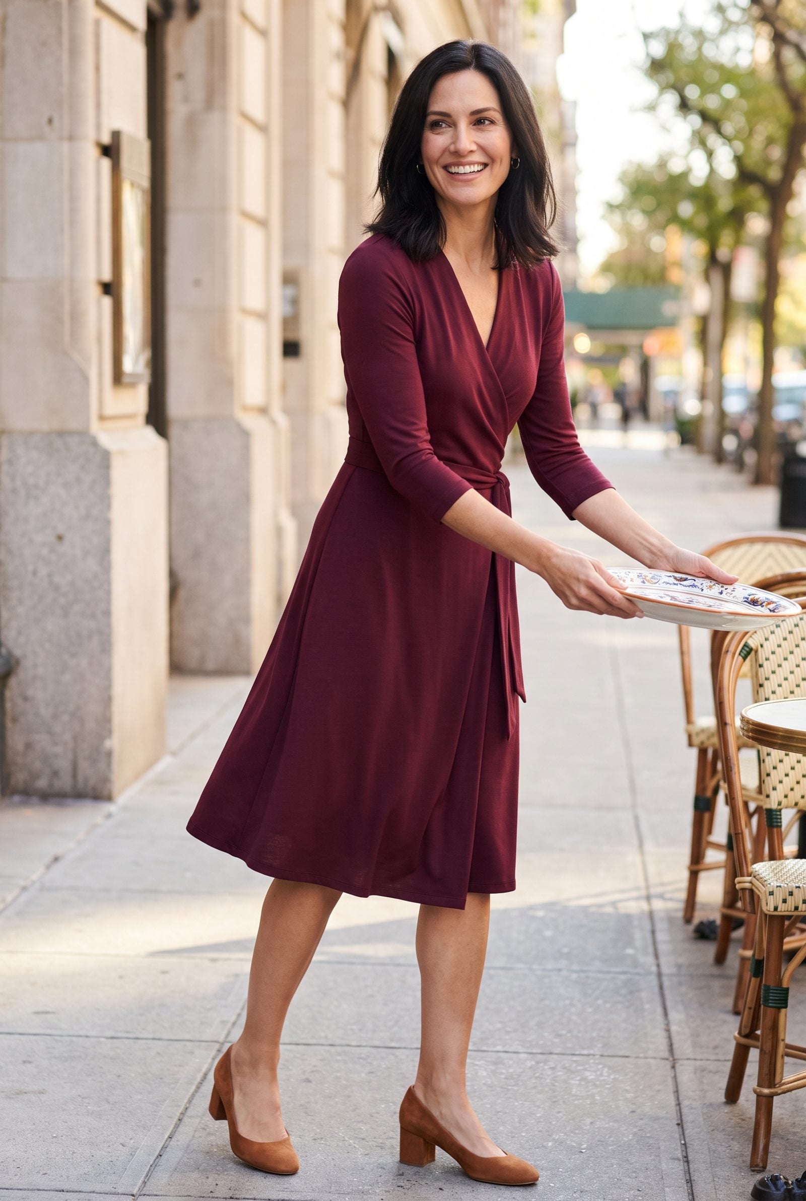 Washable Wrap Dress With Low Block Heels