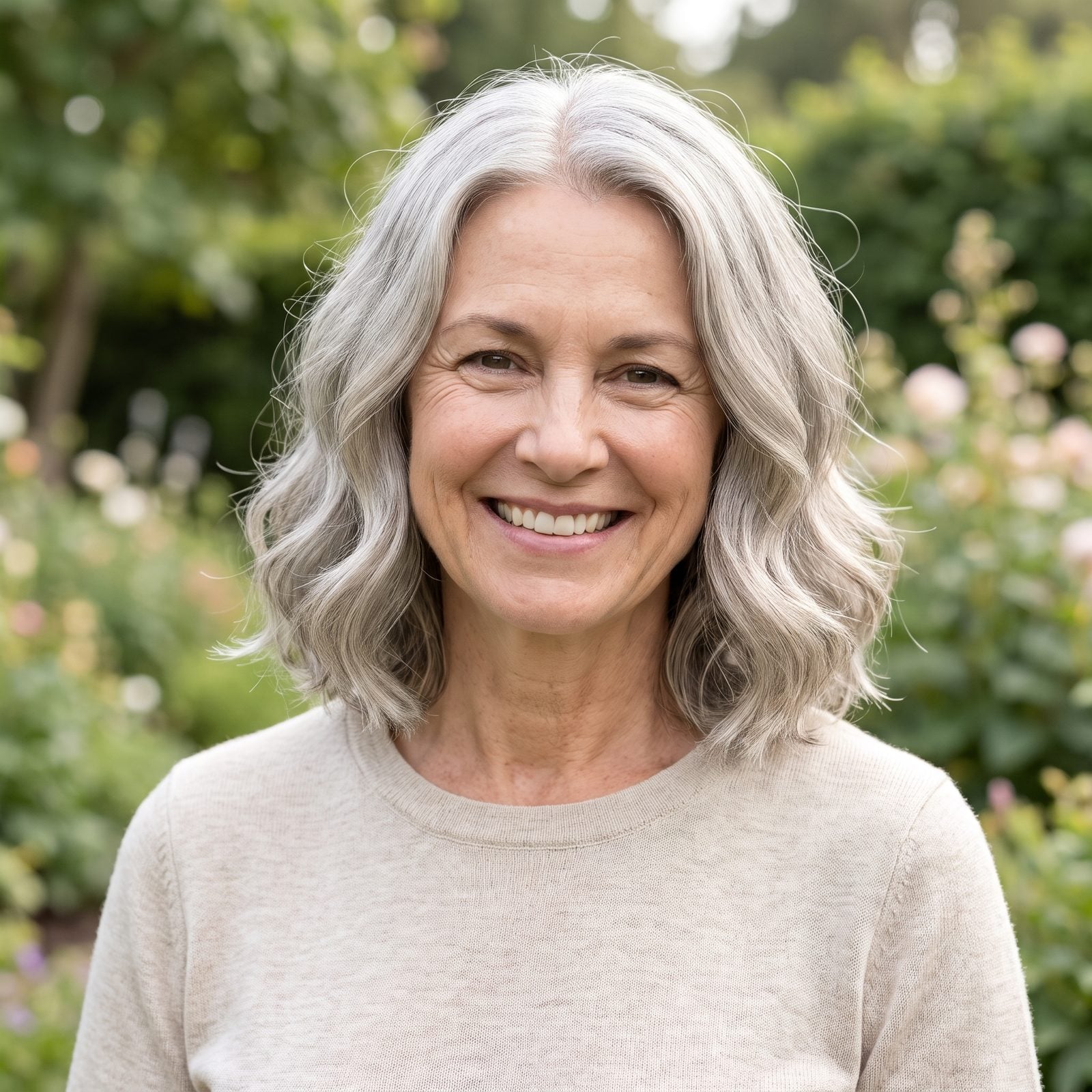 Wavy Collarbone Lob on Pewter-Silver Hair